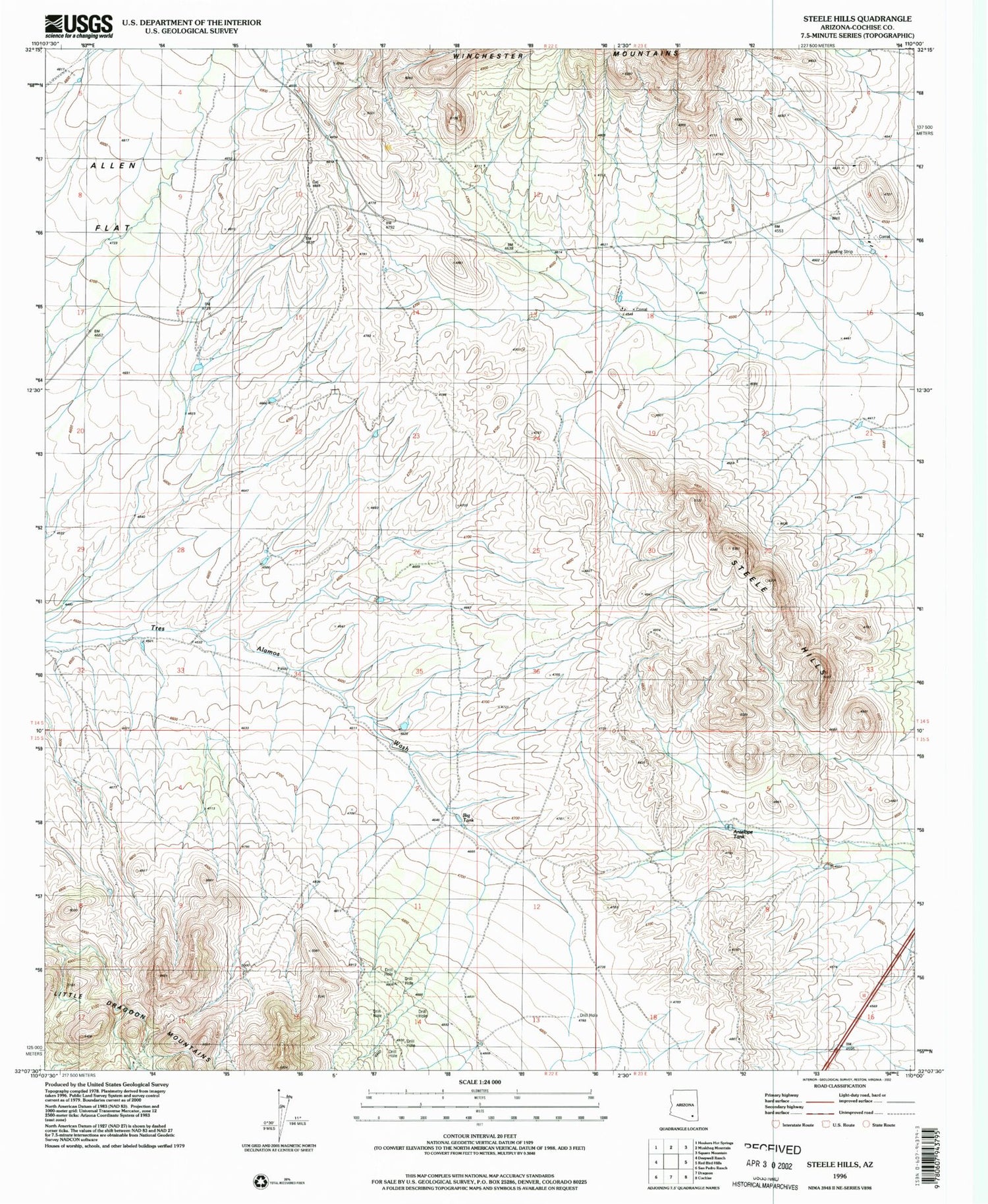 Classic USGS Steele Hills Arizona 7.5'x7.5' Topo Map Image