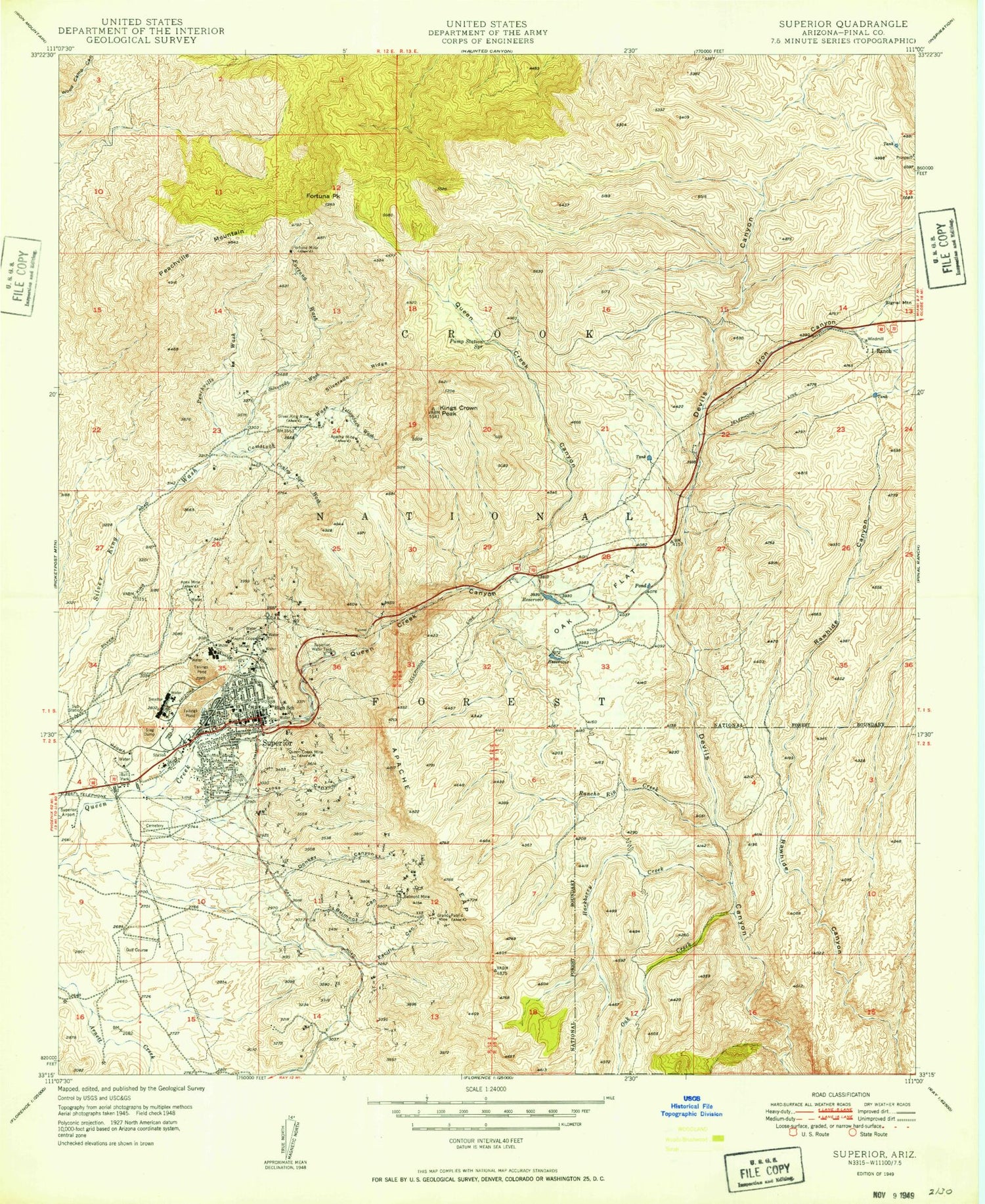 Classic USGS Superior Arizona 7.5'x7.5' Topo Map Image