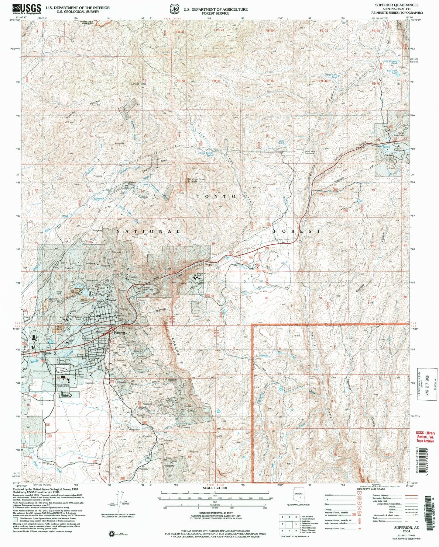 Classic USGS Superior Arizona 7.5'x7.5' Topo Map Image