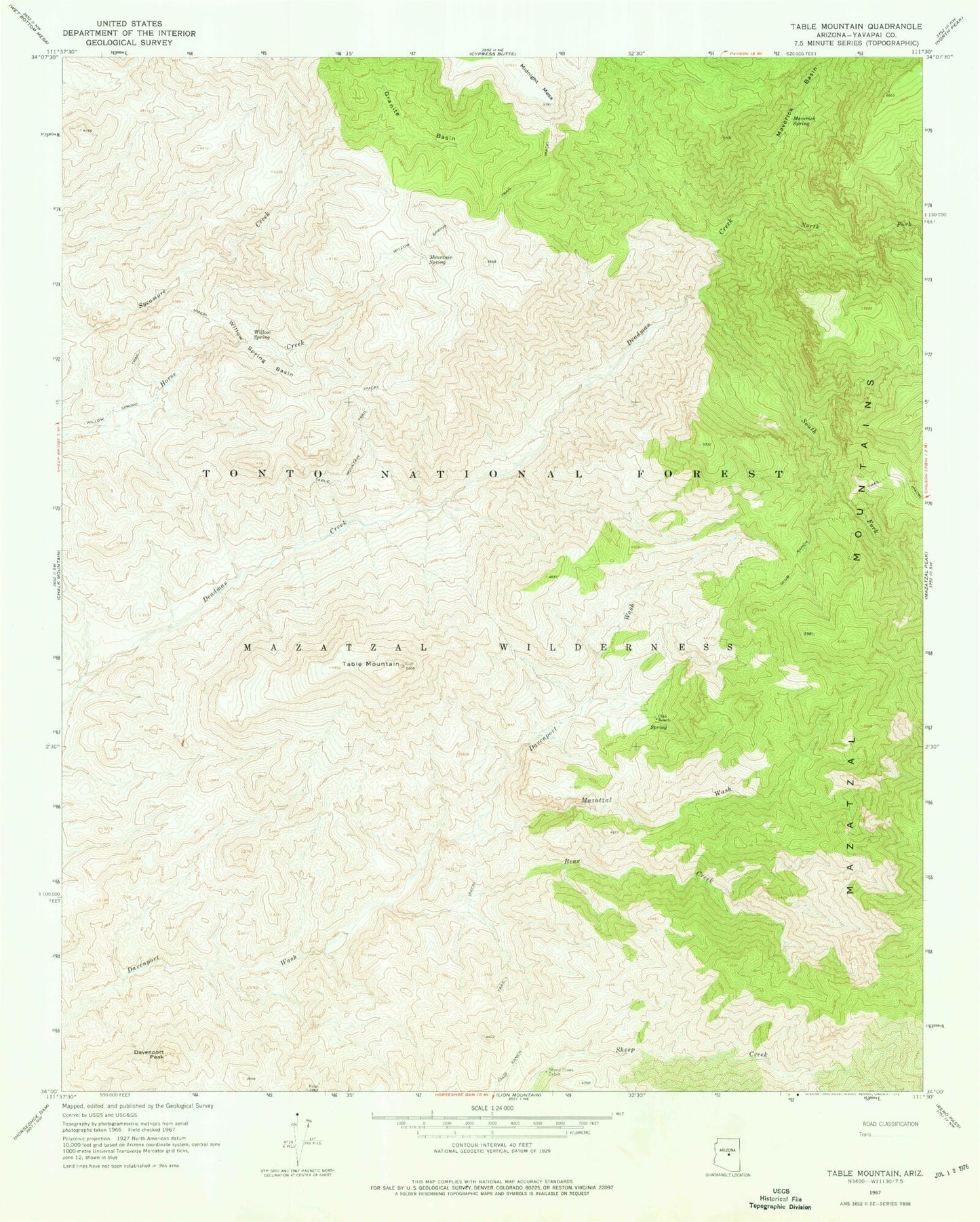 Classic USGS Table Mountain Arizona 7.5'x7.5' Topo Map Image