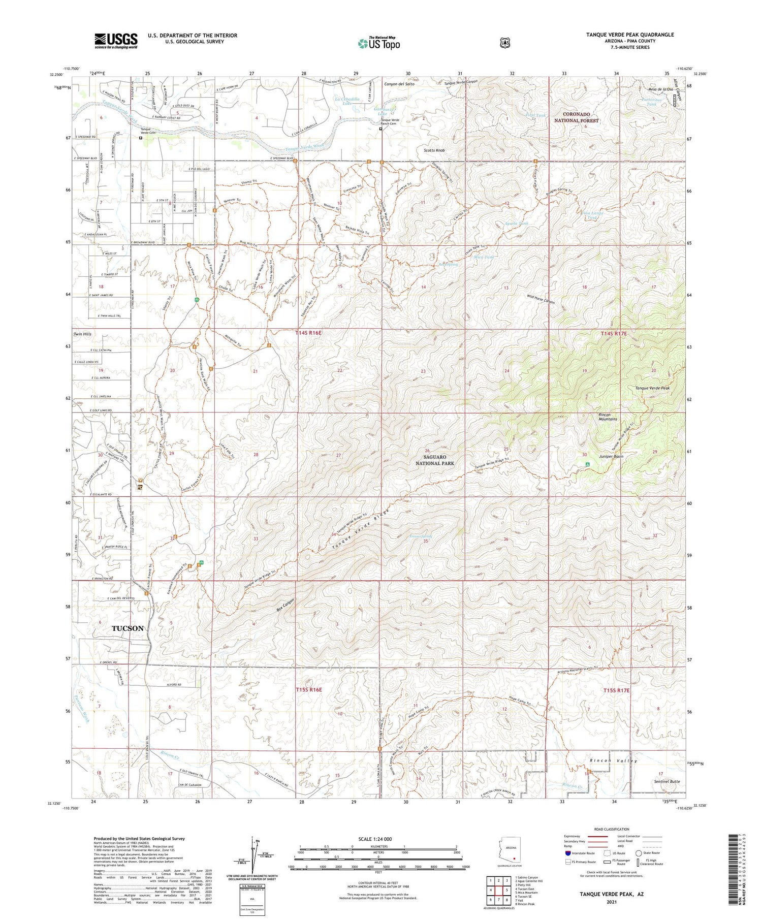 Tanque Verde Peak Arizona US Topo Map Image