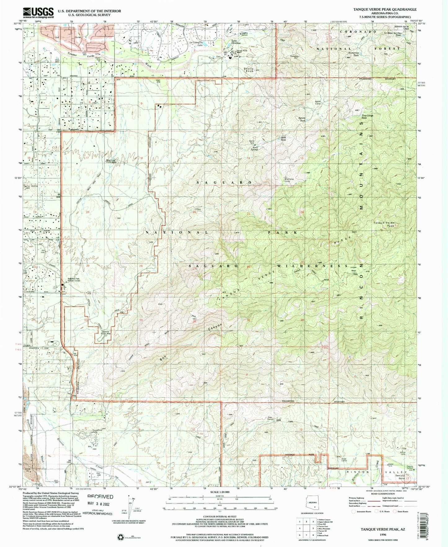 Classic USGS Tanque Verde Peak Arizona 7.5'x7.5' Topo Map Image