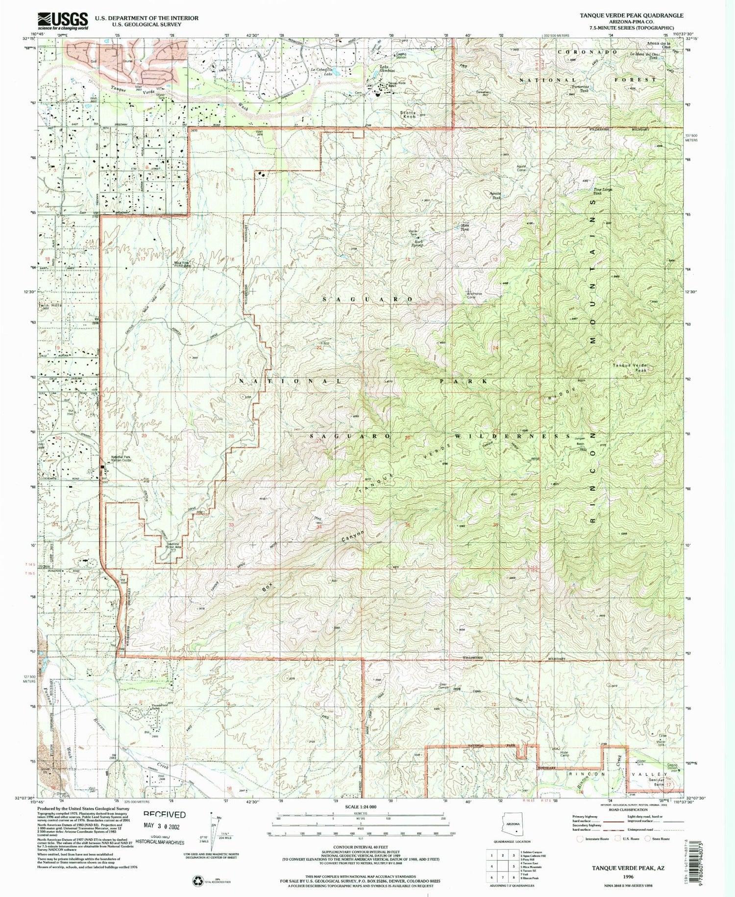 Classic USGS Tanque Verde Peak Arizona 7.5'x7.5' Topo Map Image