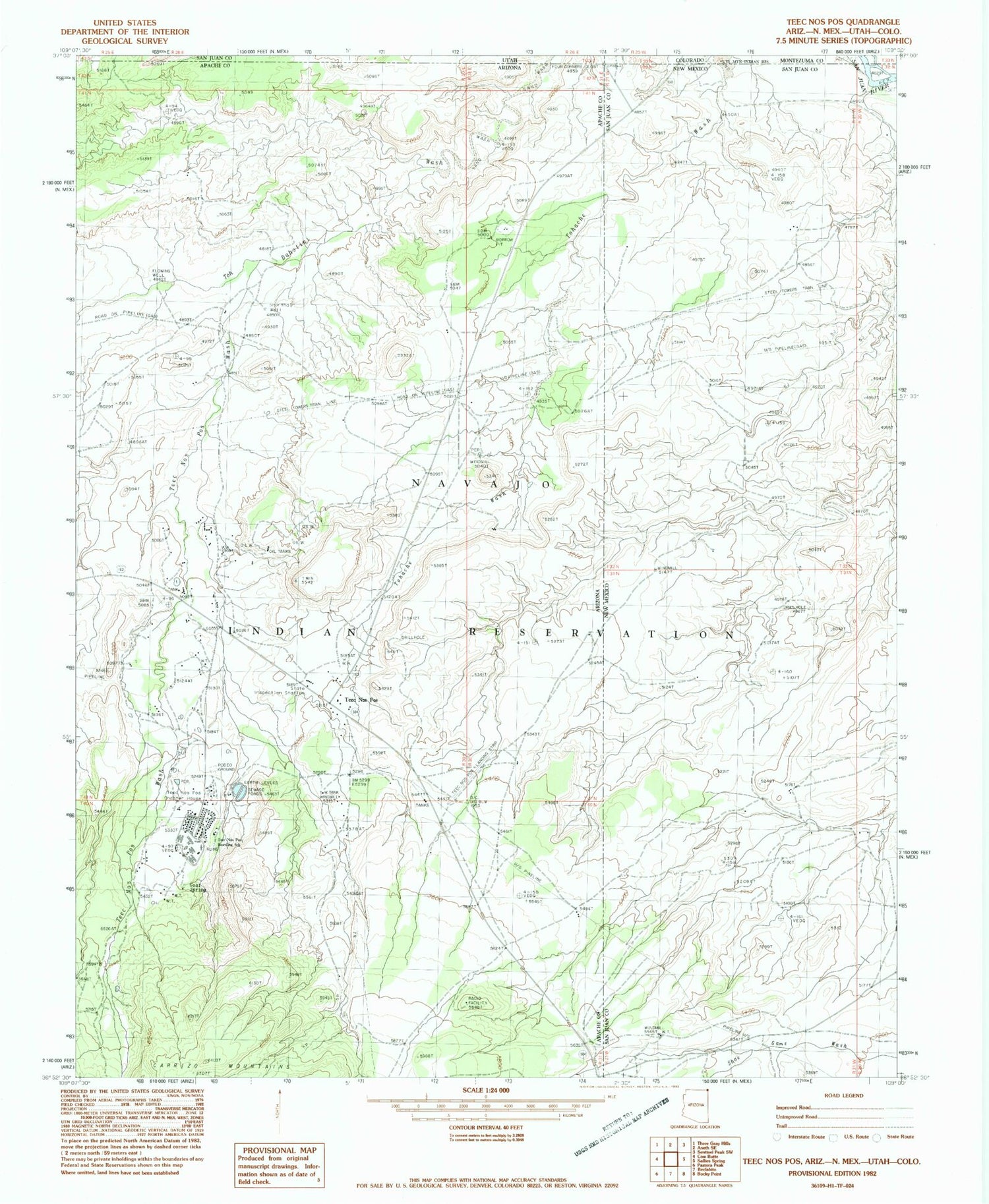 Classic USGS Teec Nos Pos Arizona 7.5'x7.5' Topo Map Image