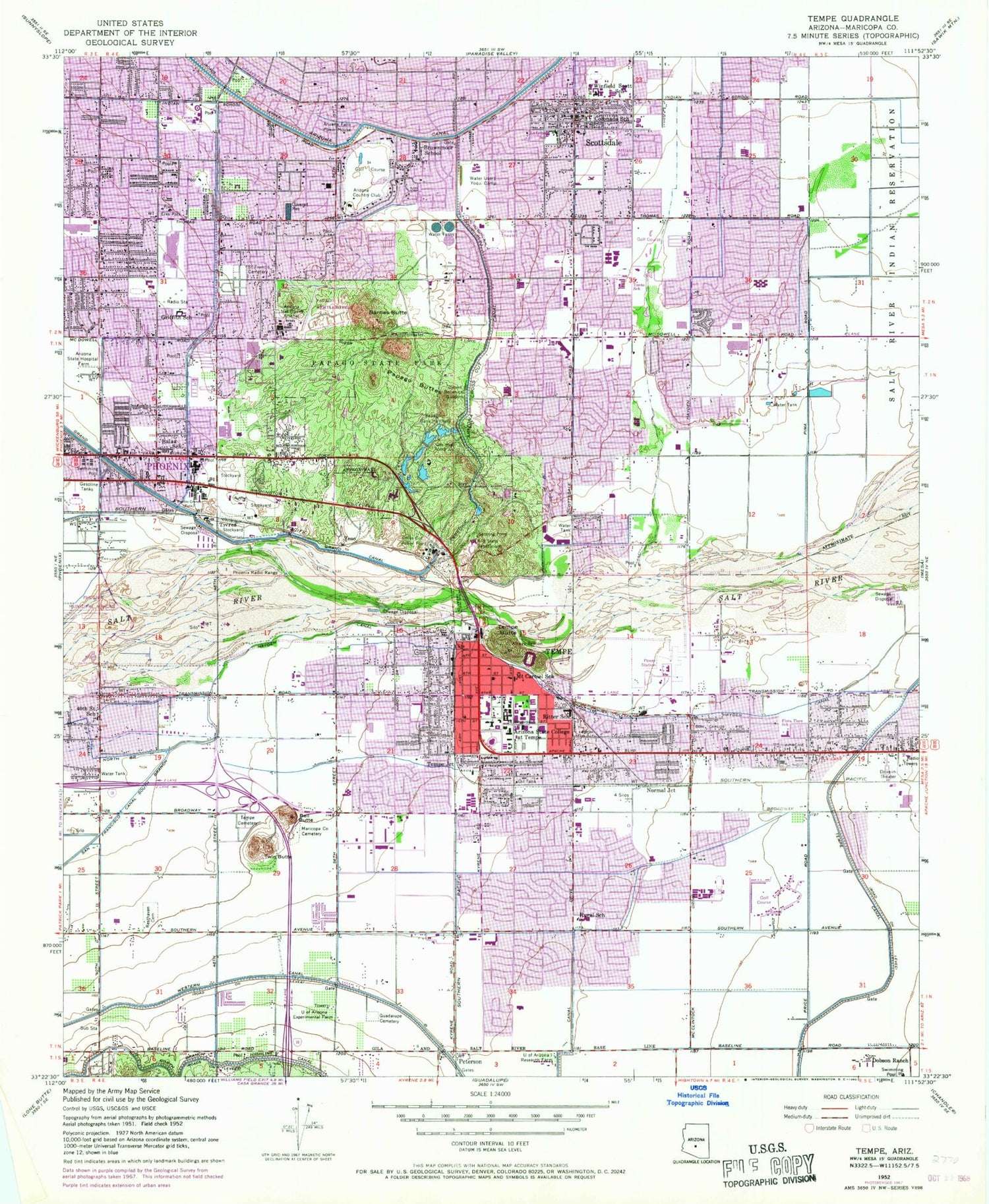 Classic USGS Tempe Arizona 7.5'x7.5' Topo Map Image