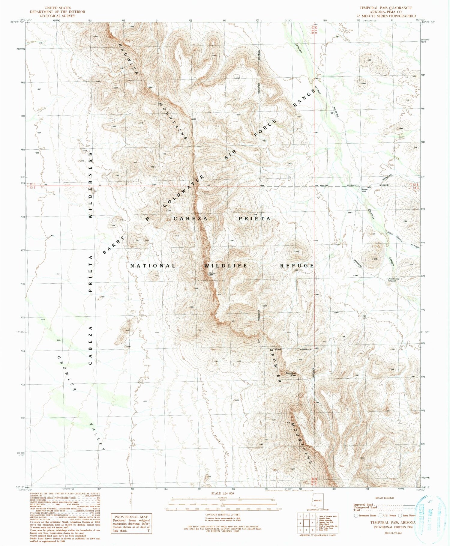 Classic USGS Temporal Pass Arizona 7.5'x7.5' Topo Map Image