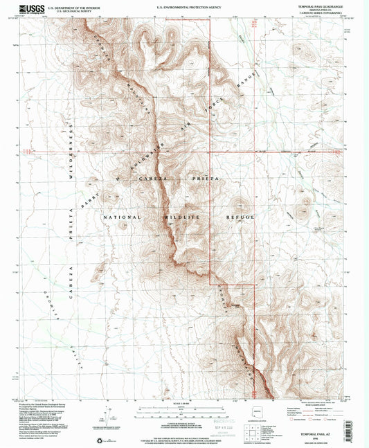 Classic USGS Temporal Pass Arizona 7.5'x7.5' Topo Map Image