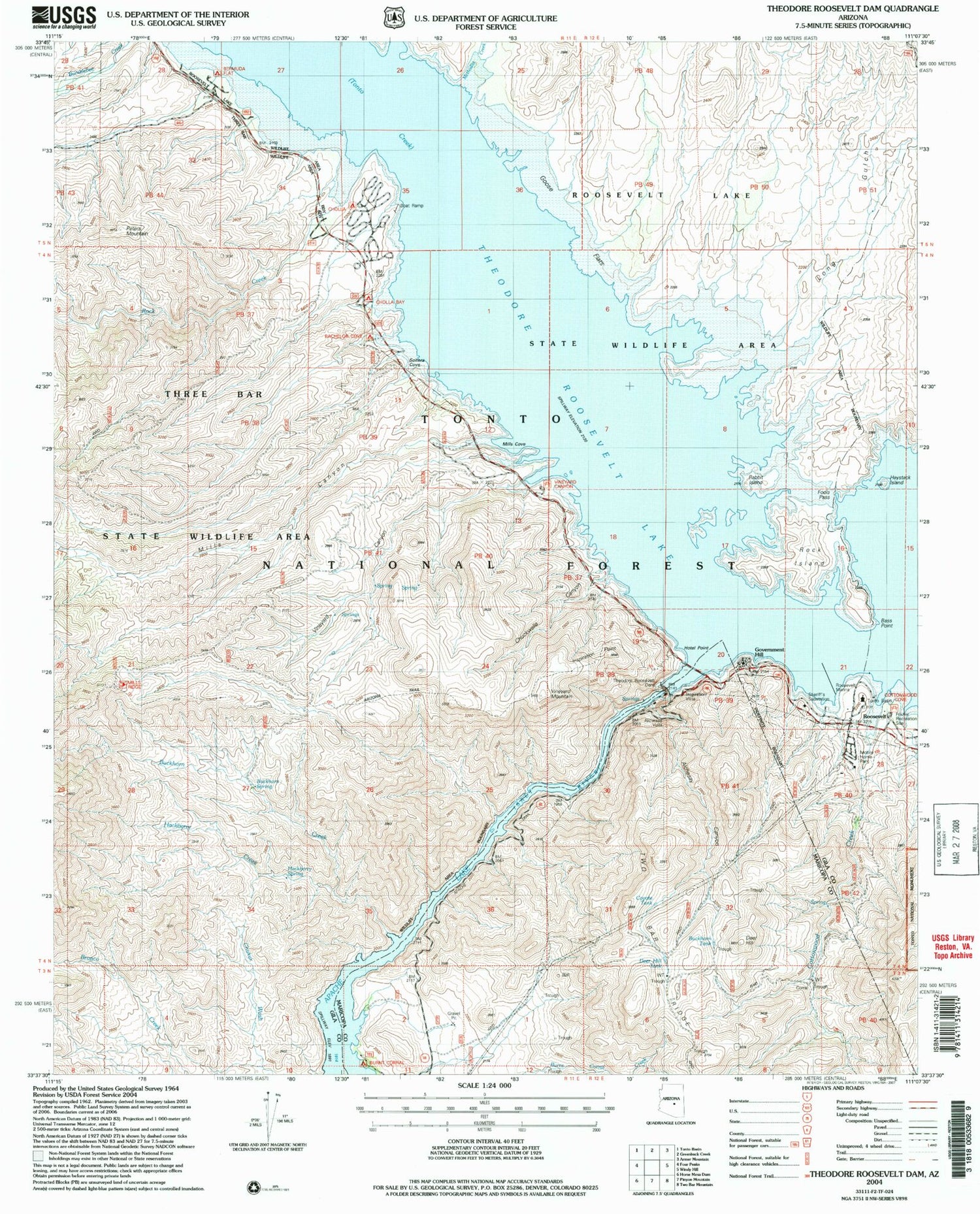 Classic USGS Theodore Roosevelt Dam Arizona 7.5'x7.5' Topo Map Image