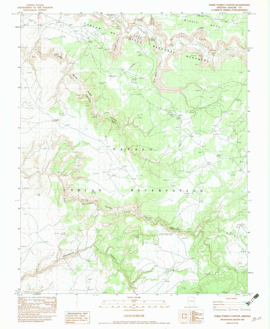 Classic USGS Three Turkey Canyon Arizona 7.5'x7.5' Topo Map Image