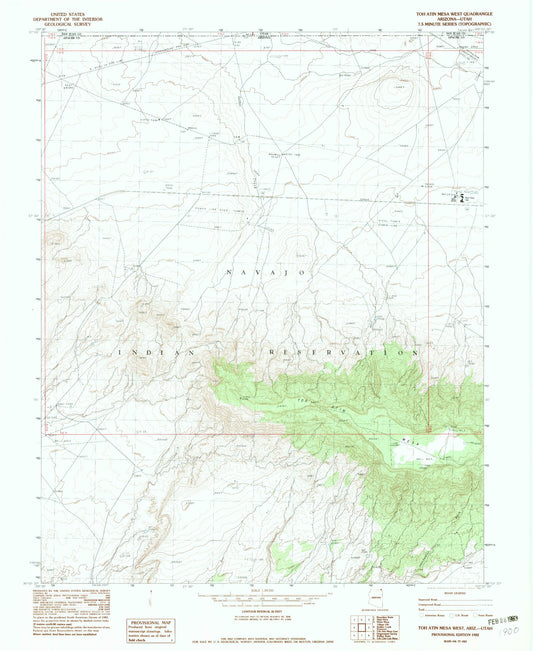 Classic USGS Toh Atin Mesa West Arizona 7.5'x7.5' Topo Map Image