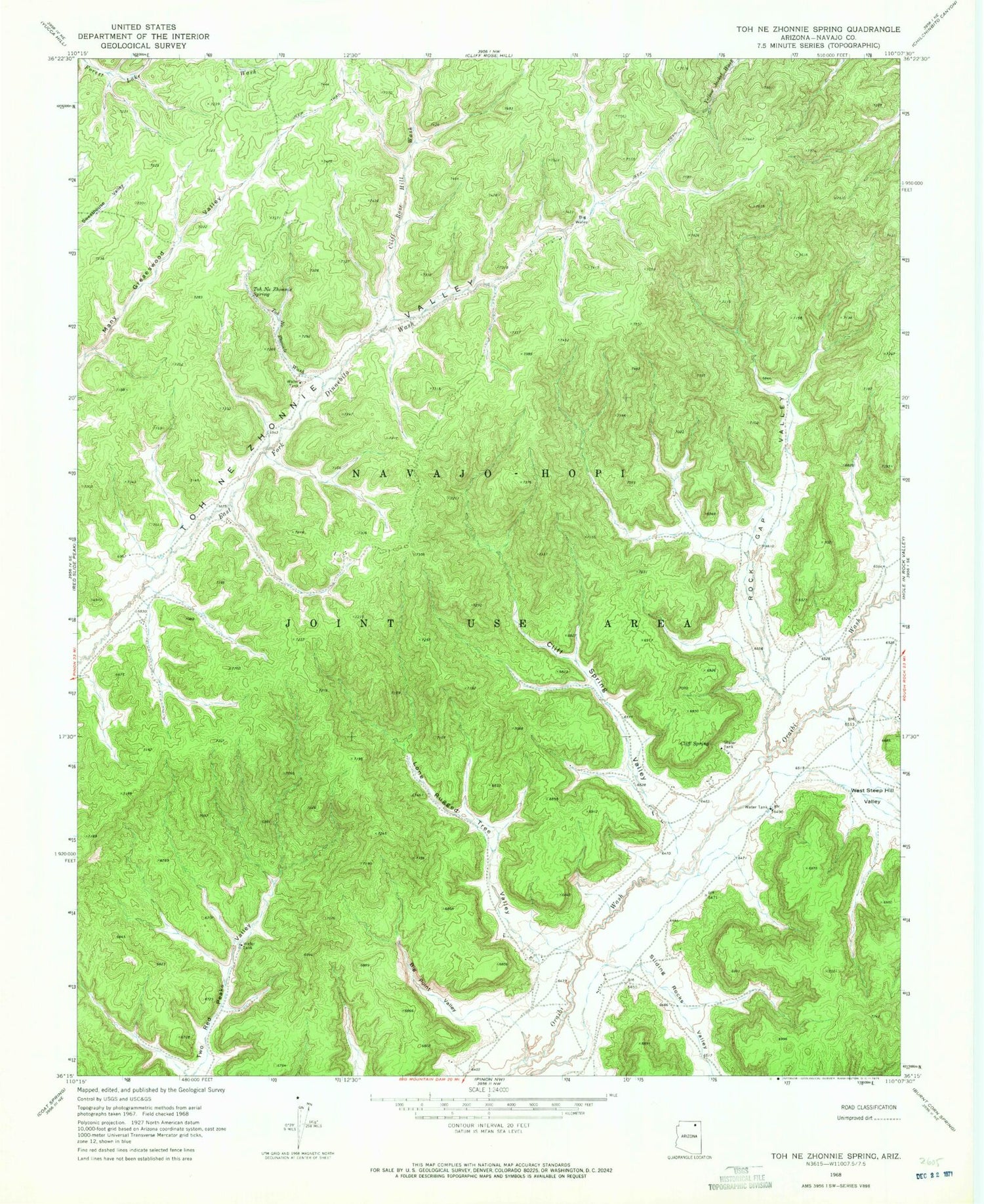Classic USGS Toh Ne Zhonnie Spring Arizona 7.5'x7.5' Topo Map Image
