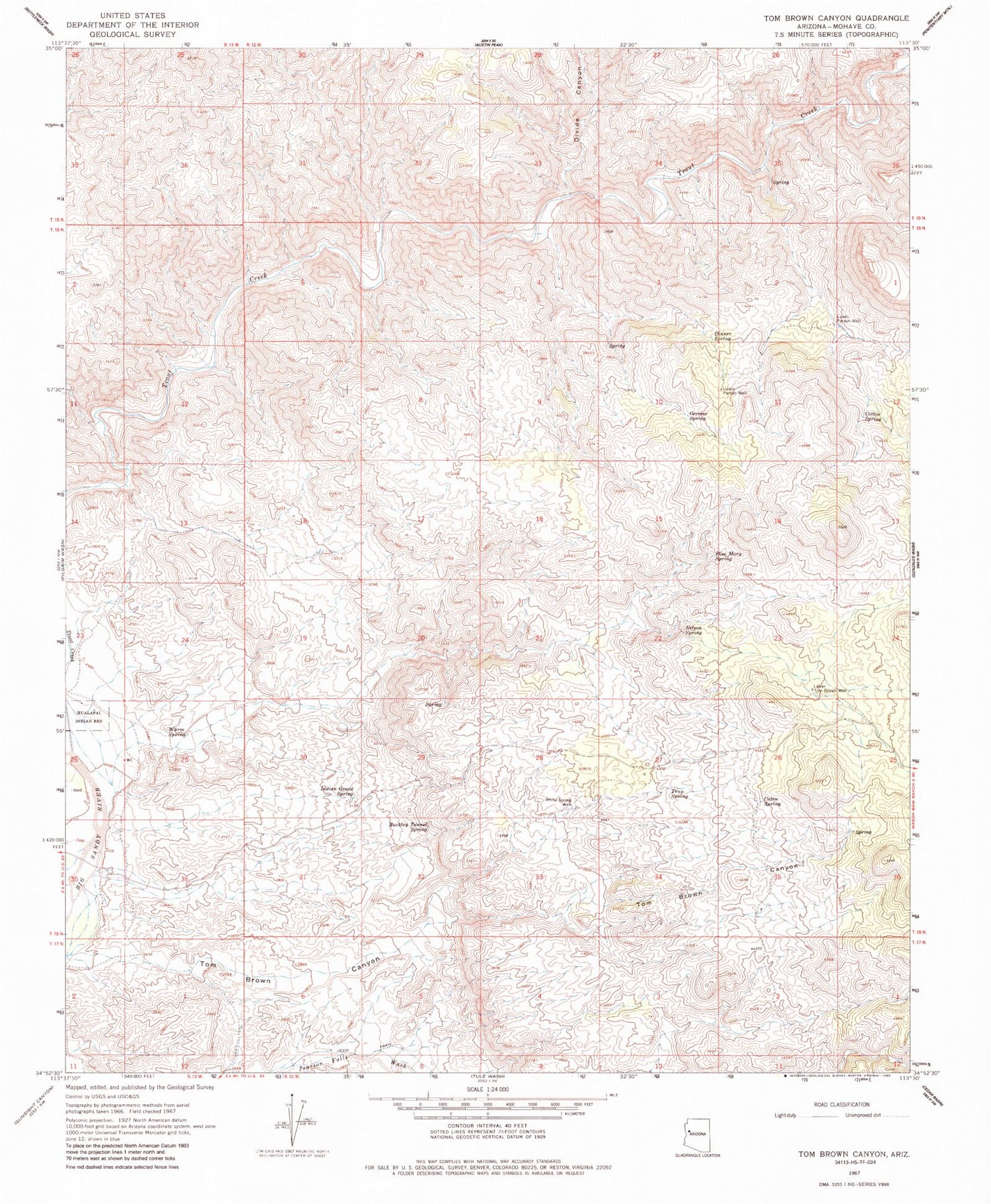 Classic USGS Tom Brown Canyon Arizona 7.5'x7.5' Topo Map Image