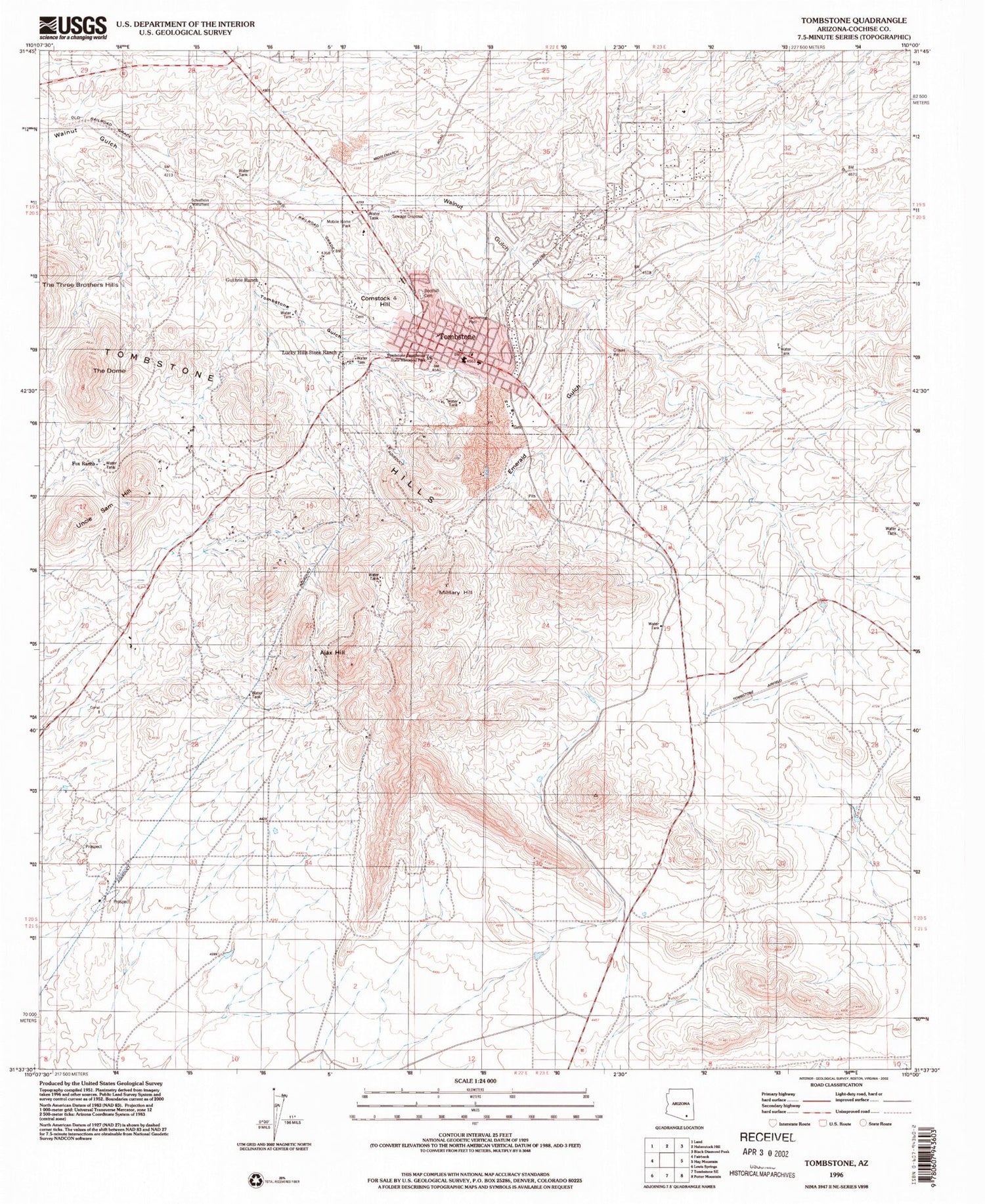 Classic USGS Tombstone Arizona 7.5'x7.5' Topo Map Image