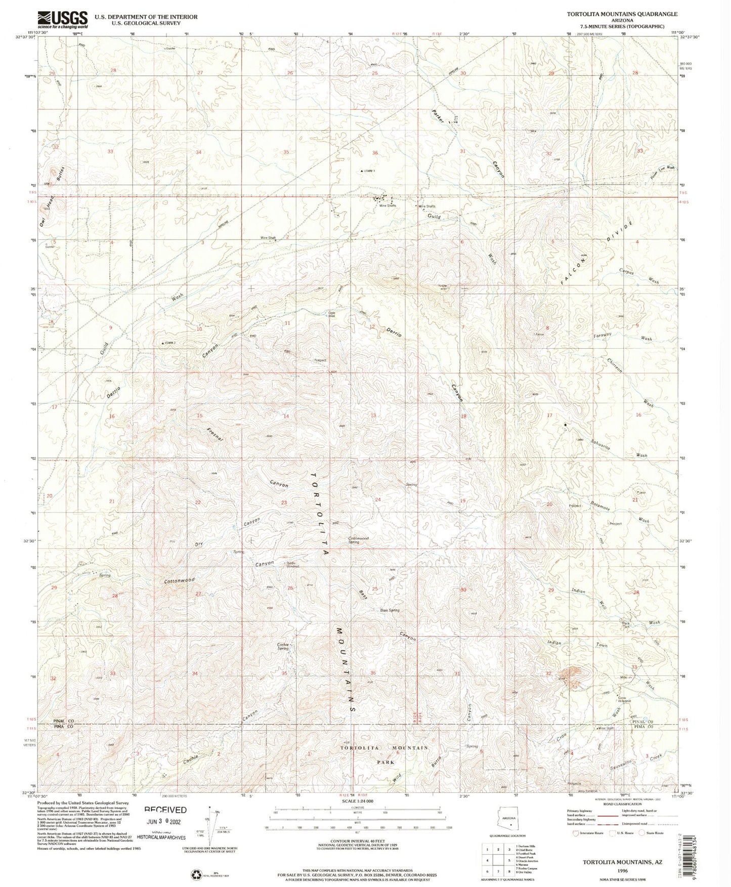Classic USGS Tortolita Mountains Arizona 7.5'x7.5' Topo Map Image
