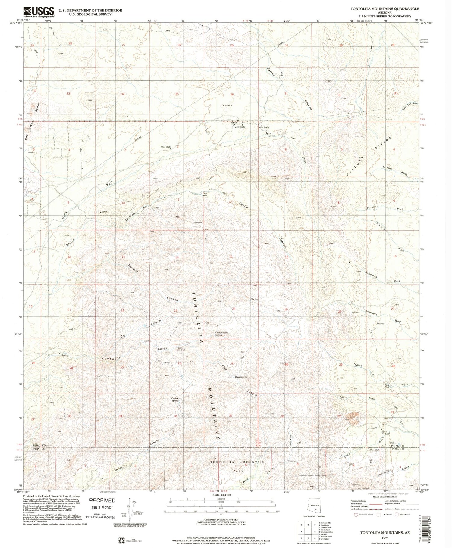 Classic USGS Tortolita Mountains Arizona 7.5'x7.5' Topo Map Image