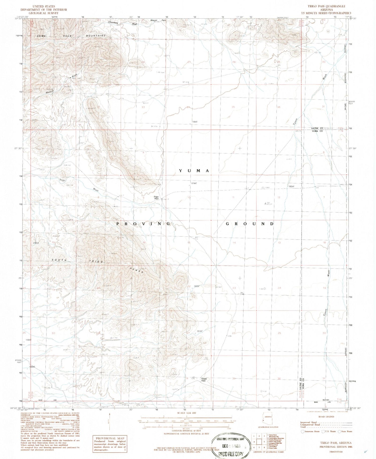 Classic USGS Trigo Pass Arizona 7.5'x7.5' Topo Map Image