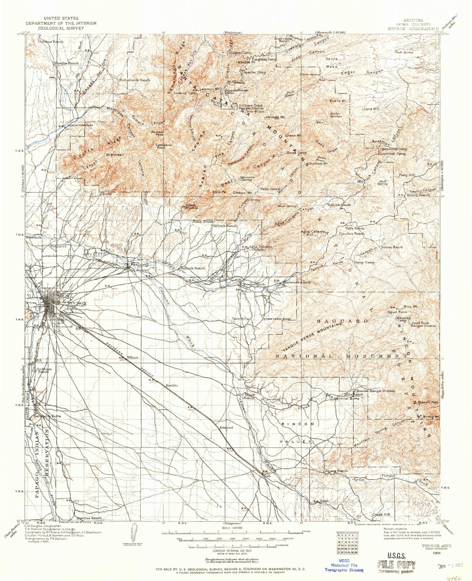 Historic 1904 Tucson Arizona 30'x30' Topo Map Image
