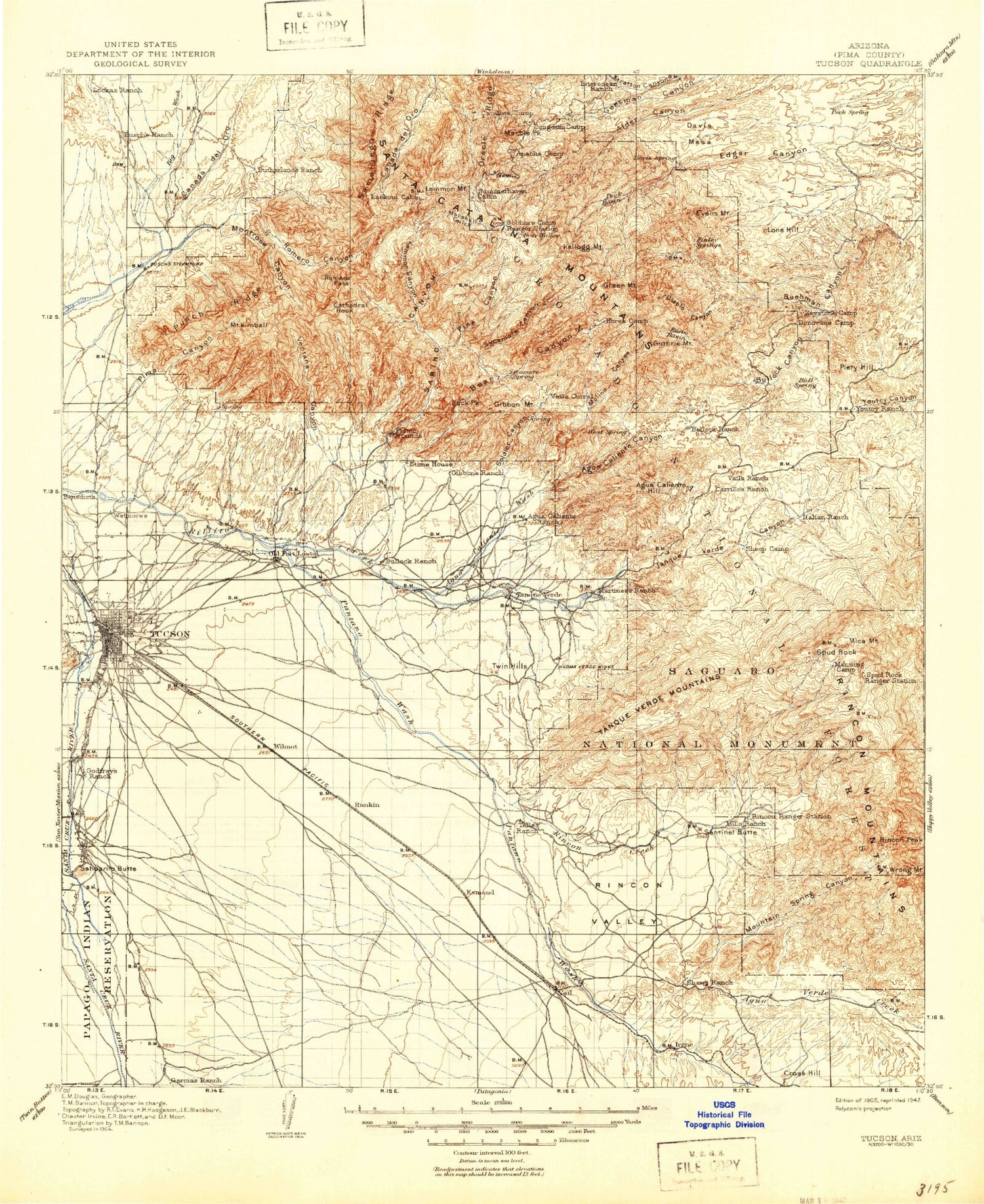 Historic 1905 Tucson Arizona 30'x30' Topo Map Image