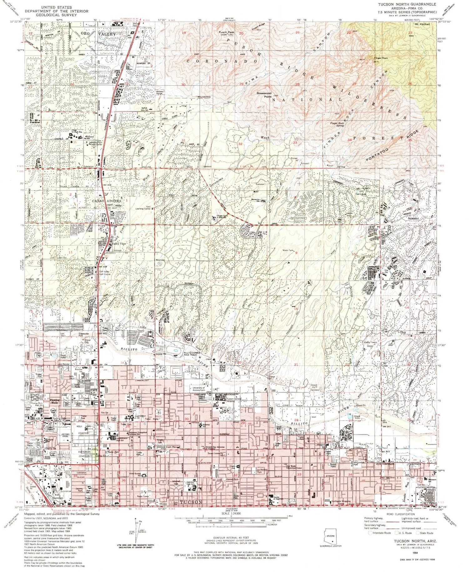 Classic USGS Tucson North Arizona 7.5'x7.5' Topo Map Image
