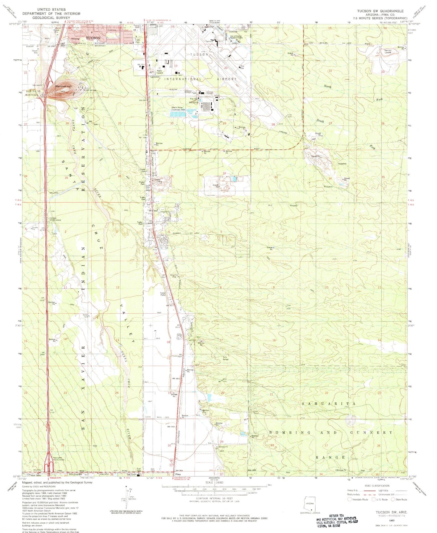 Classic USGS Tucson SW Arizona 7.5'x7.5' Topo Map Image