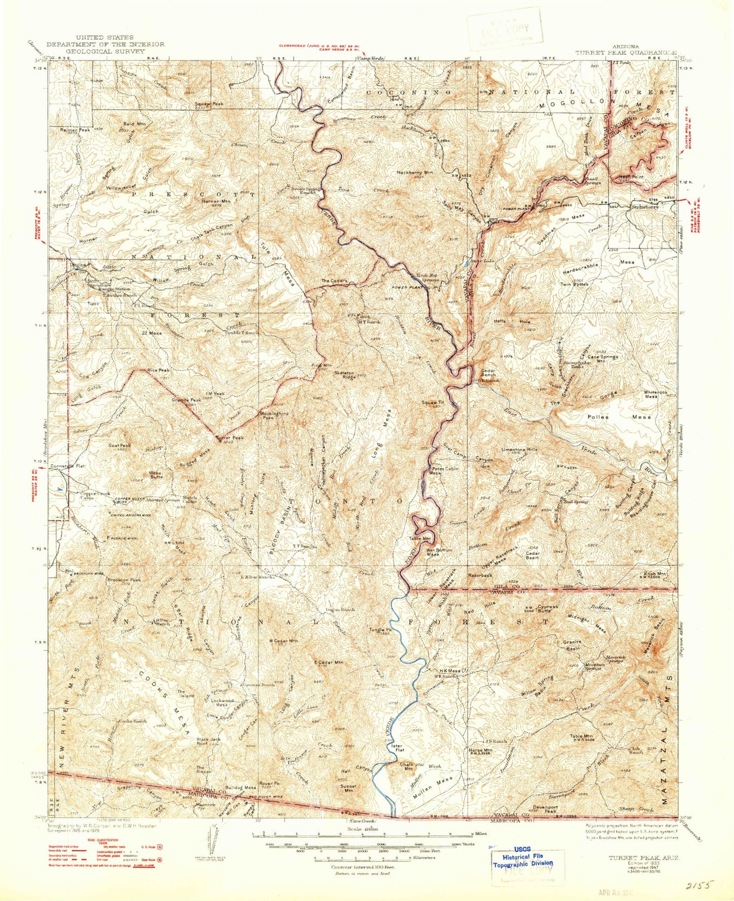 Historic 1933 Turret Peak Arizona 30'x30' Topo Map Image