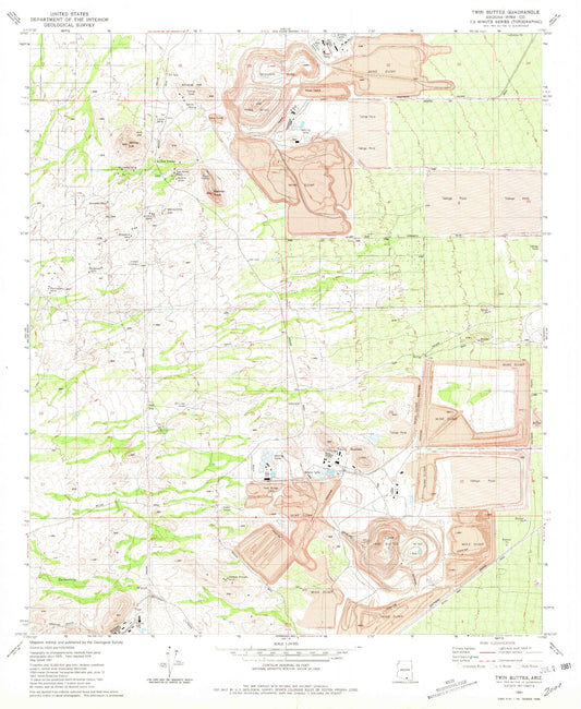 Classic USGS Twin Buttes Arizona 7.5'x7.5' Topo Map Image