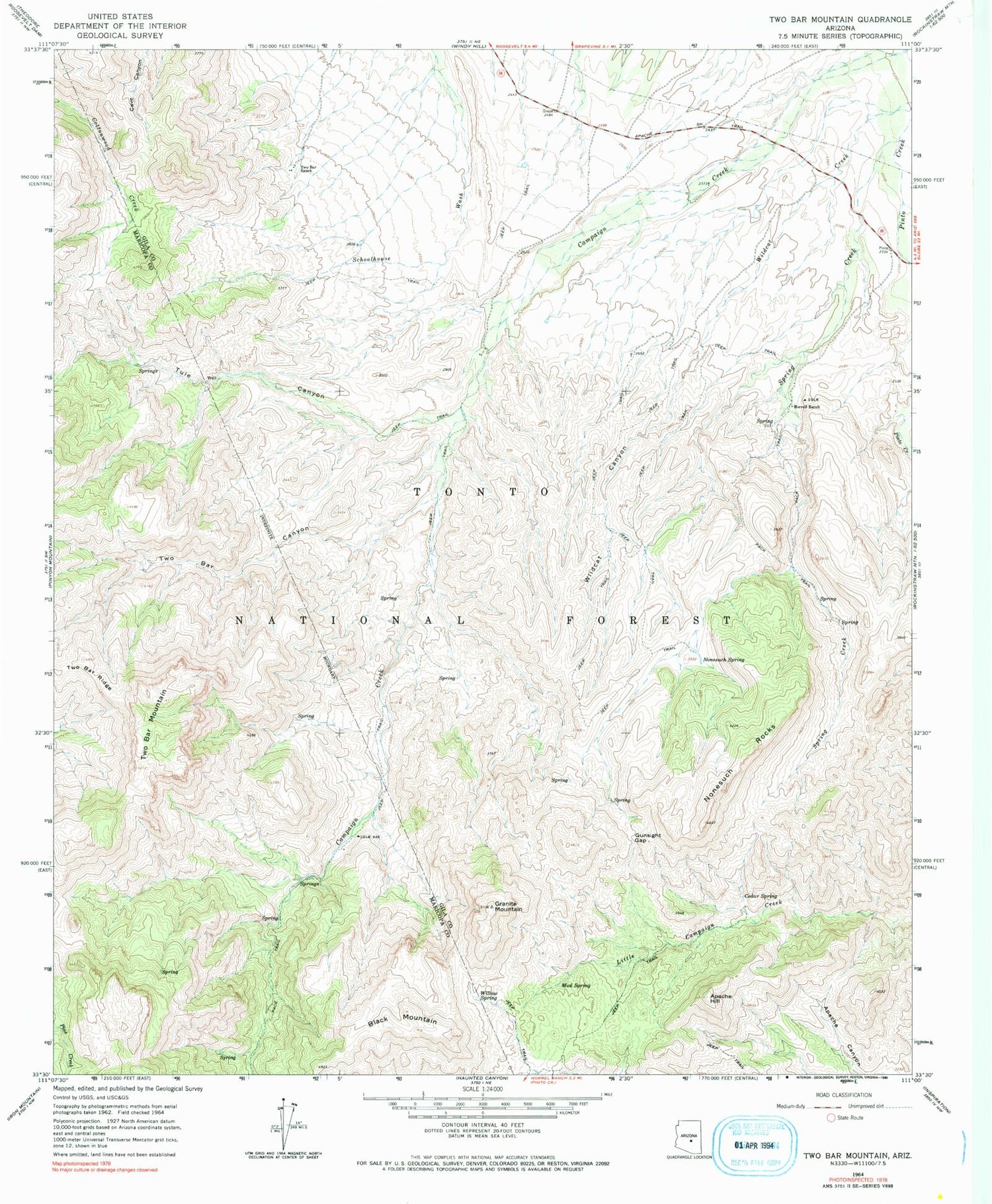 Classic USGS Two Bar Mountain Arizona 7.5'x7.5' Topo Map Image