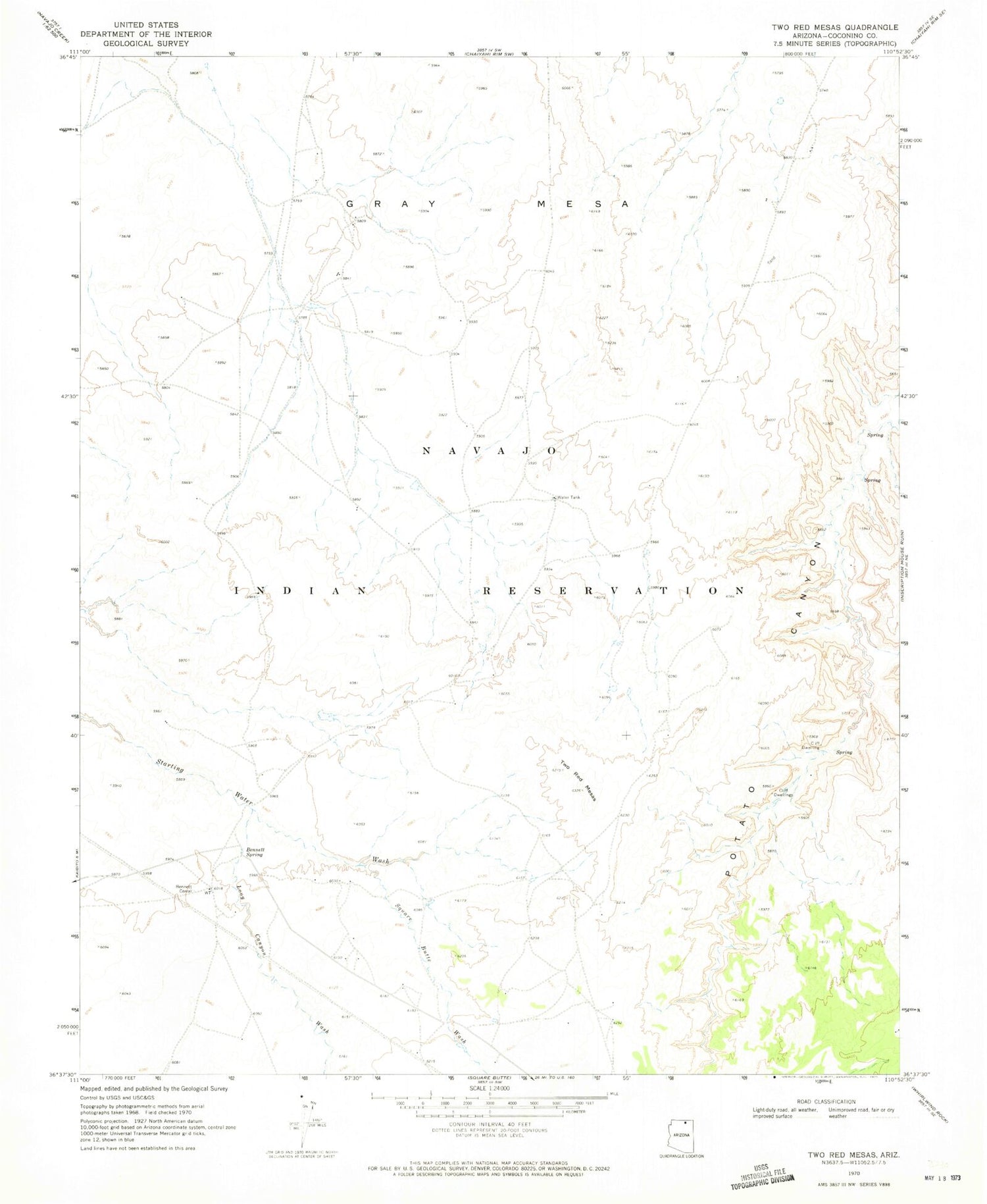 Classic USGS Two Red Mesas Arizona 7.5'x7.5' Topo Map Image
