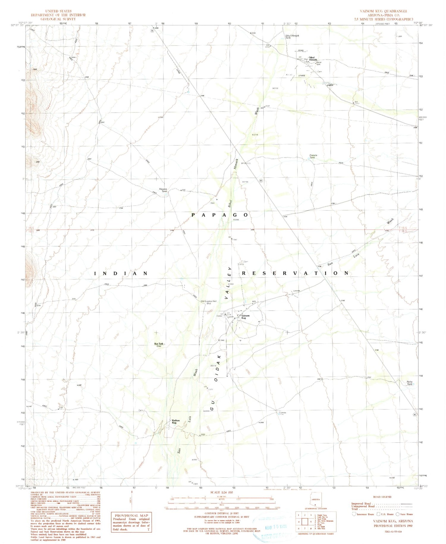 Classic USGS Vainom Kug Arizona 7.5'x7.5' Topo Map Image