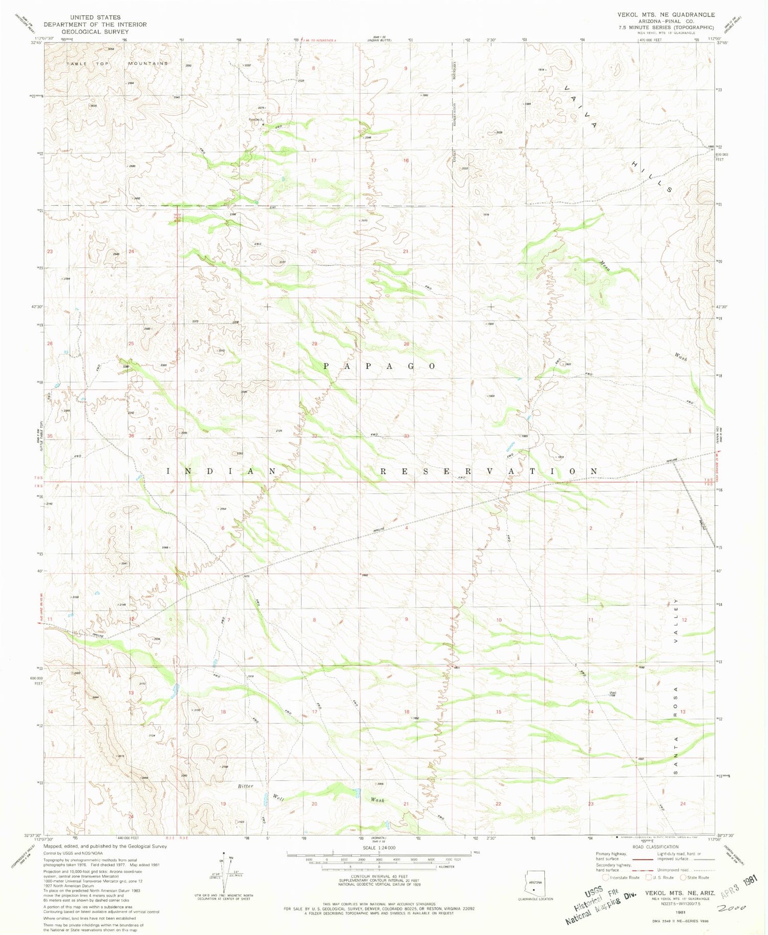 Classic USGS Vekol Mountains NE Arizona 7.5'x7.5' Topo Map Image