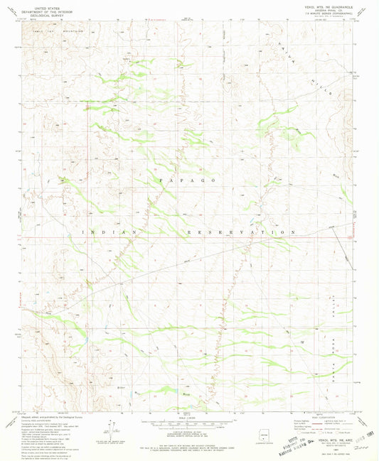 Classic USGS Vekol Mountains NE Arizona 7.5'x7.5' Topo Map Image