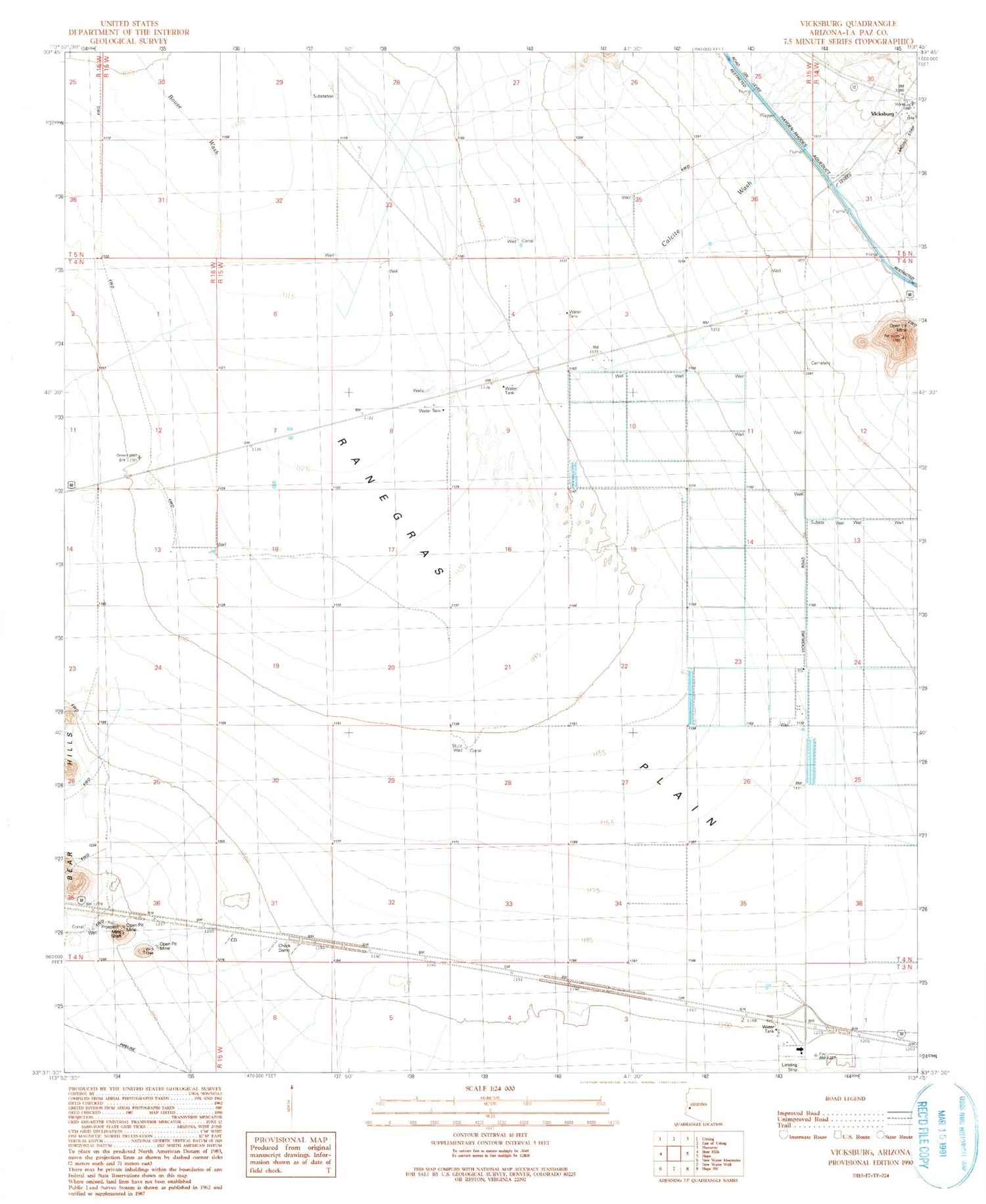 Classic USGS Vicksburg Arizona 7.5'x7.5' Topo Map Image