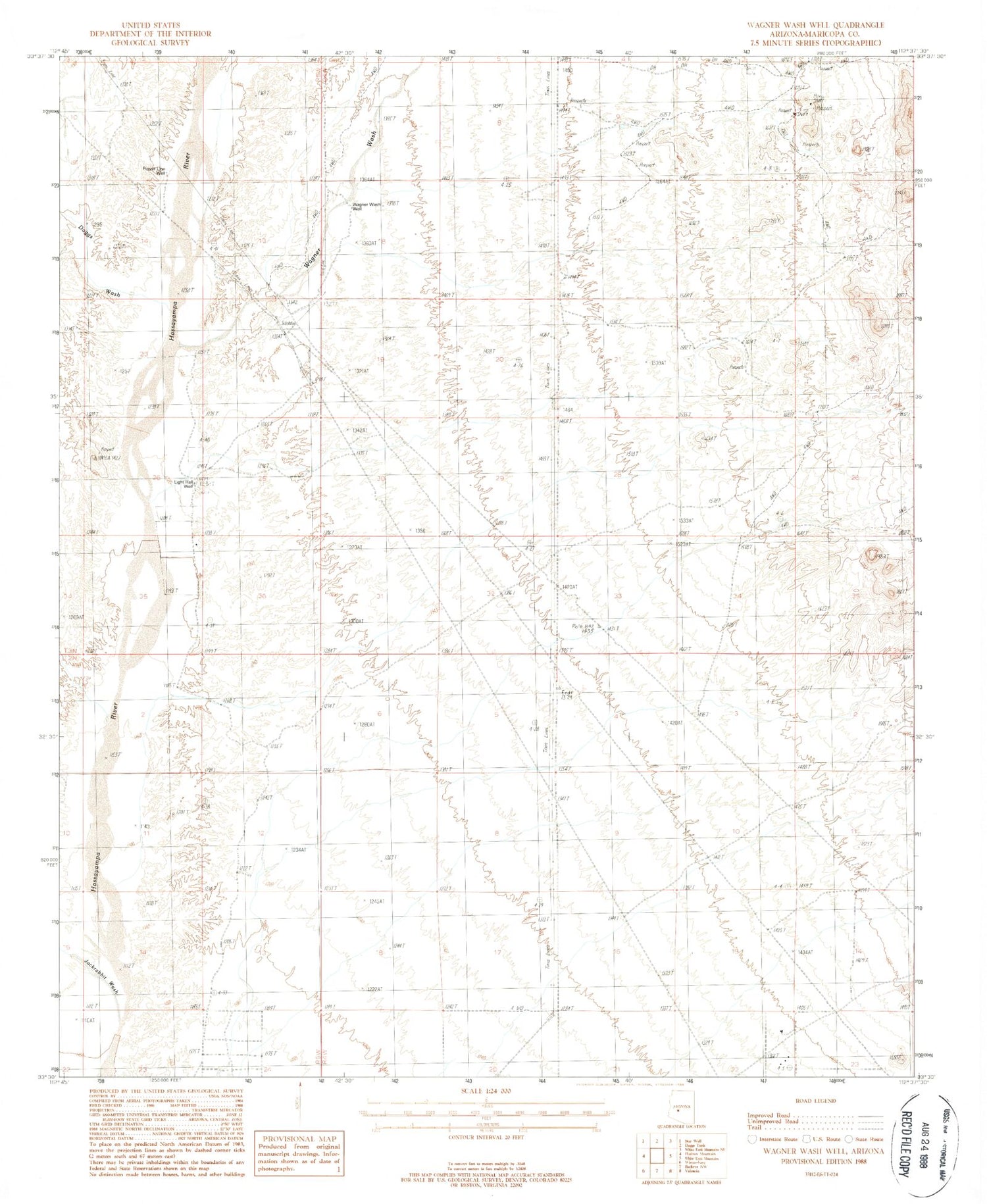 Classic USGS Wagner Wash Well Arizona 7.5'x7.5' Topo Map Image