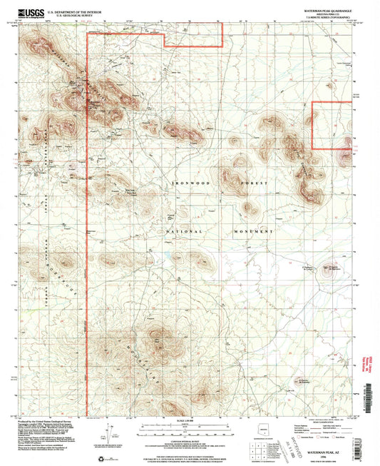 Classic USGS Waterman Peak Arizona 7.5'x7.5' Topo Map Image