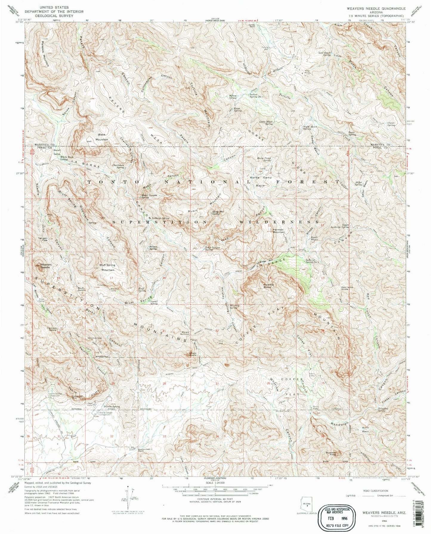 USGS Classic Weavers Needle Arizona 7.5'x7.5' Topo Map Image