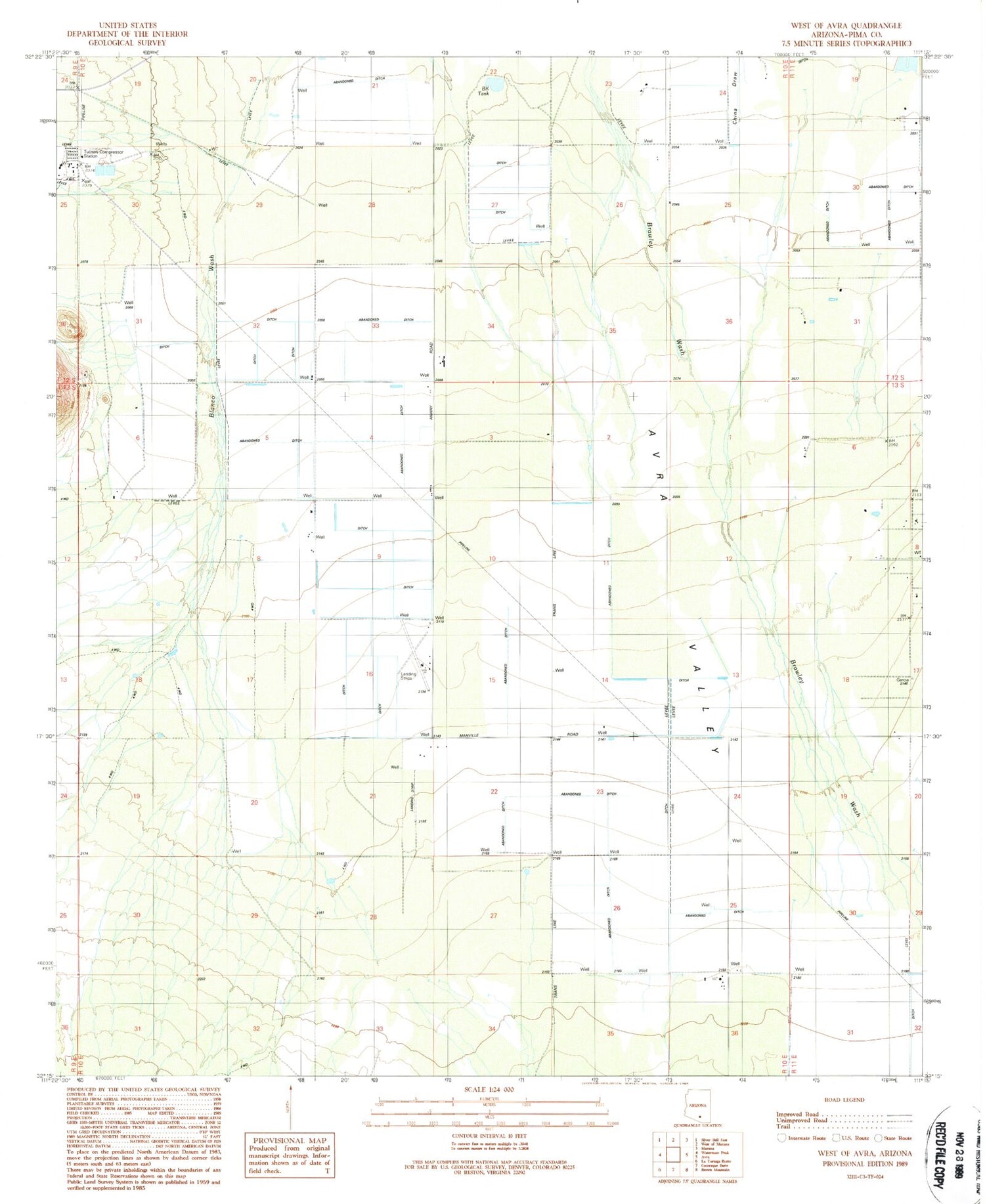 Classic USGS West of Avra Arizona 7.5'x7.5' Topo Map Image