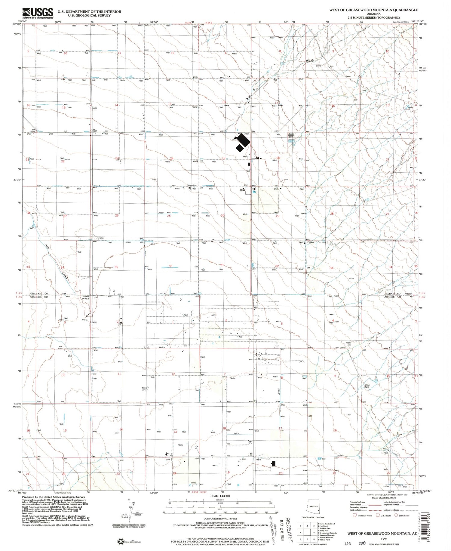 Classic USGS West of Greasewood Mountain Arizona 7.5'x7.5' Topo Map Image