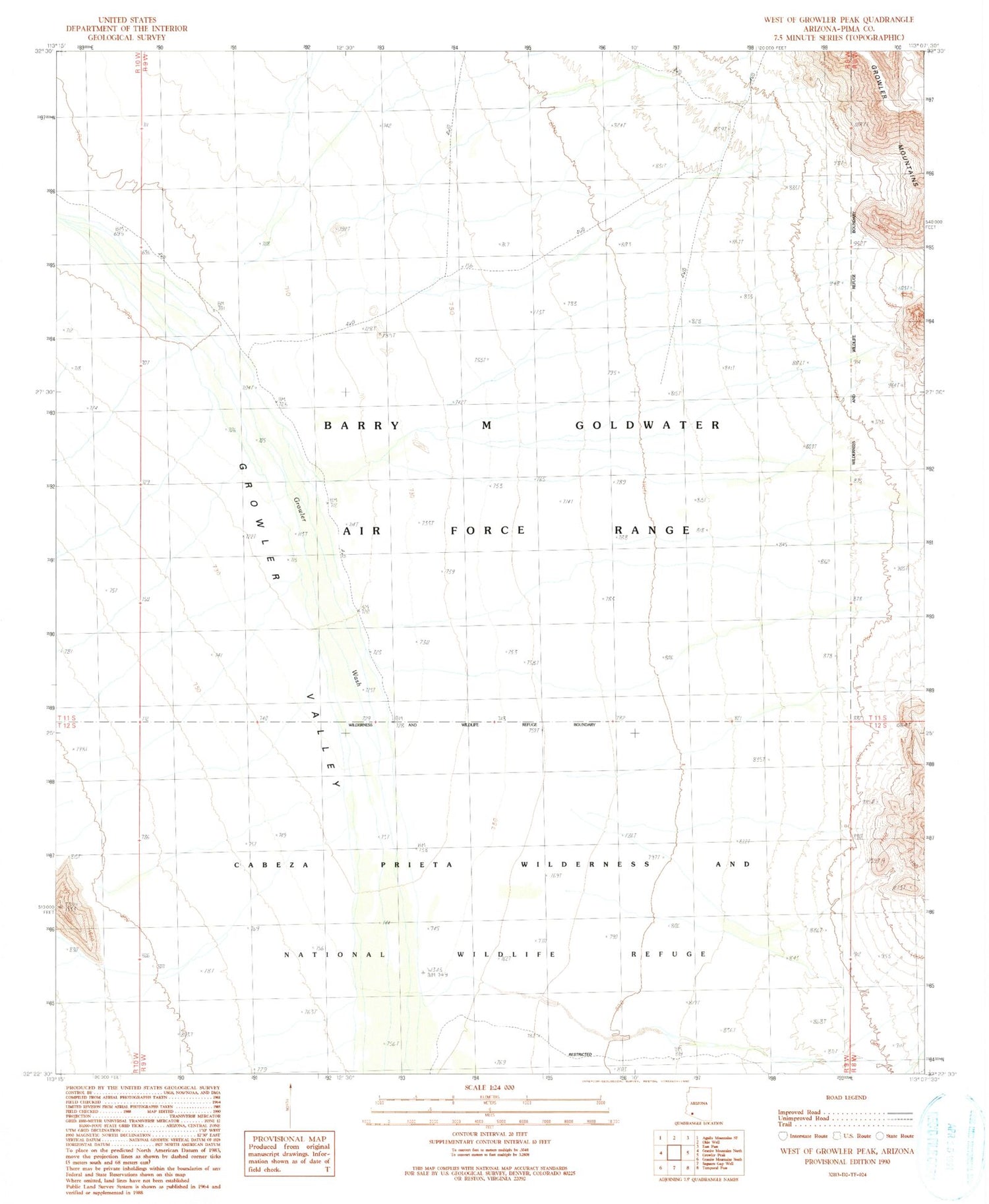 Classic USGS West of Growler Peak Arizona 7.5'x7.5' Topo Map Image