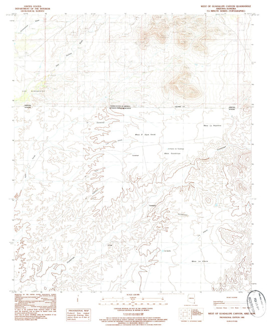 Classic USGS West of Guadalupe Canyon Arizona 7.5'x7.5' Topo Map Image