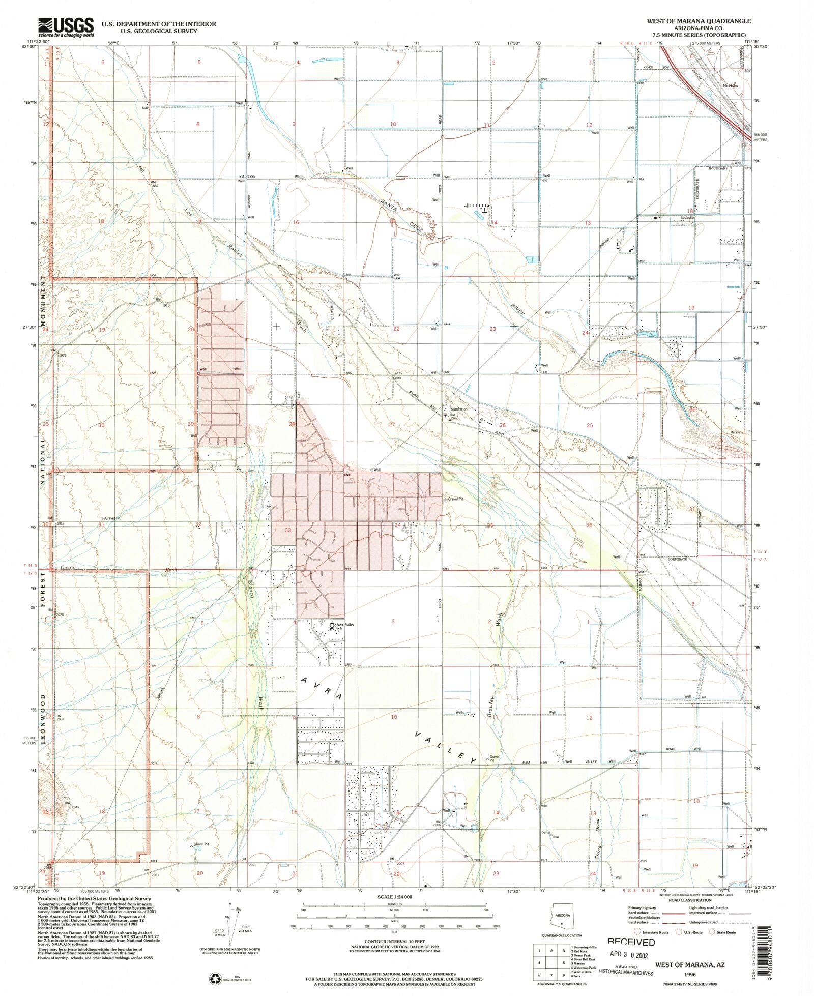 Classic USGS West of Marana Arizona 7.5'x7.5' Topo Map – MyTopo Map Store