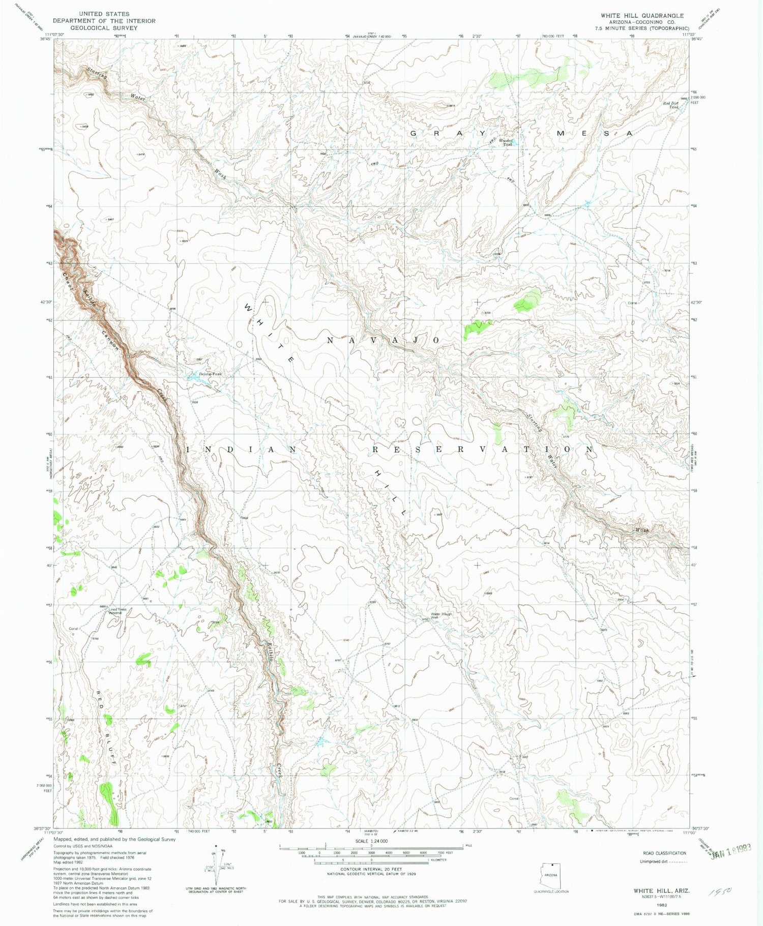 Classic USGS White Hill Arizona 7.5'x7.5' Topo Map Image