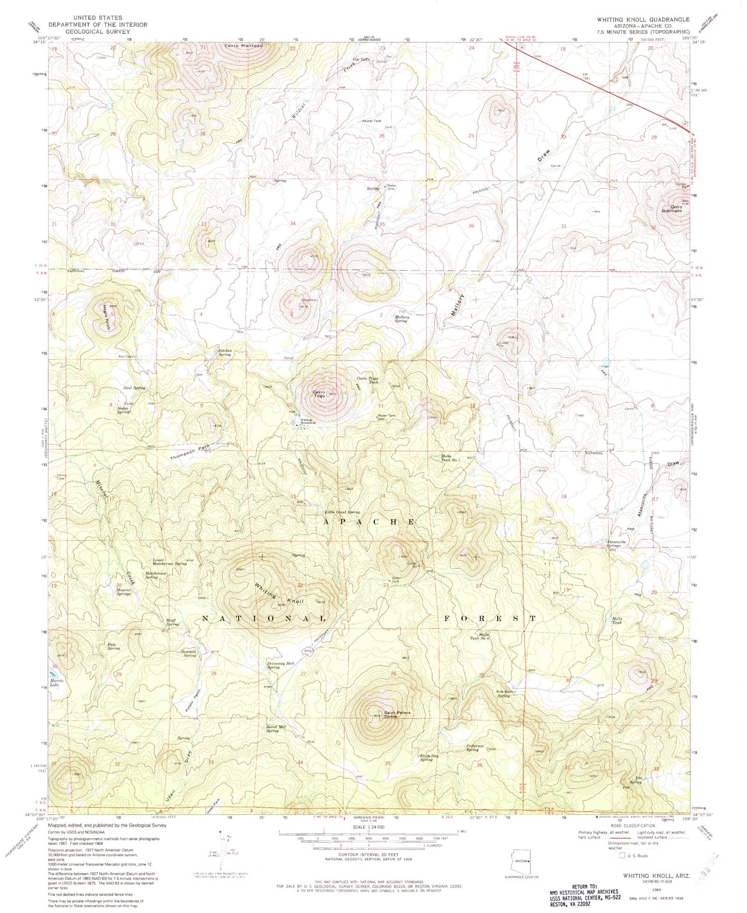 Classic USGS Whiting Knoll Arizona 7.5'x7.5' Topo Map Image