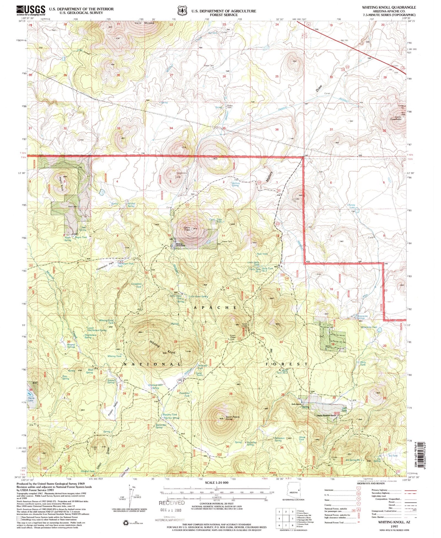 Classic USGS Whiting Knoll Arizona 7.5'x7.5' Topo Map Image
