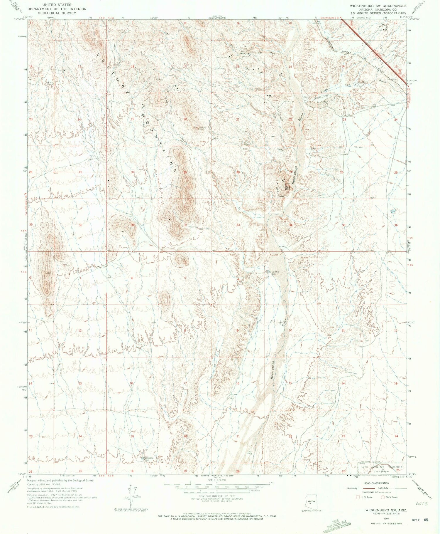 Classic USGS Wickenburg SW Arizona 7.5'x7.5' Topo Map Image