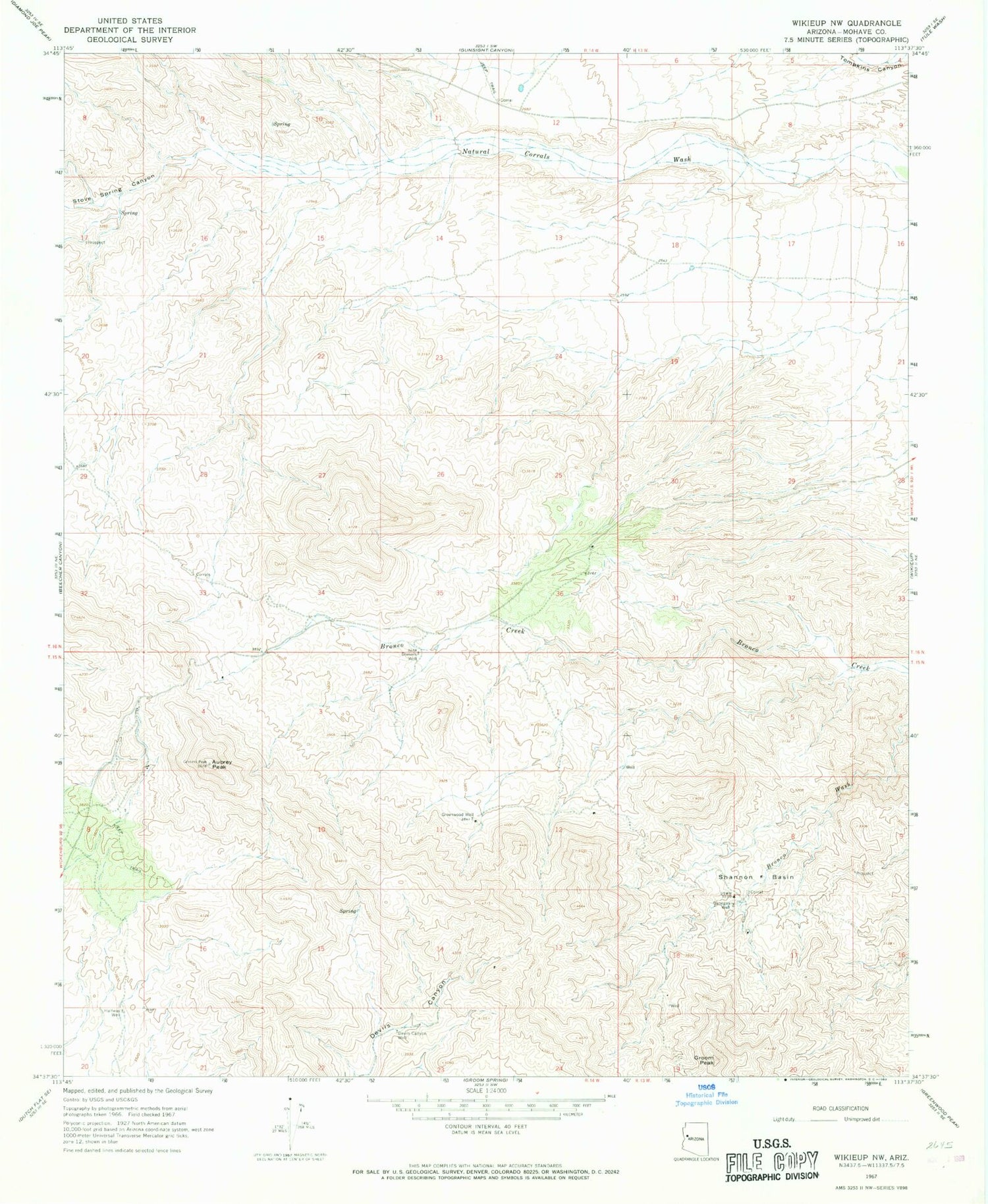 Classic USGS Aubrey Peak Arizona 7.5'x7.5' Topo Map Image