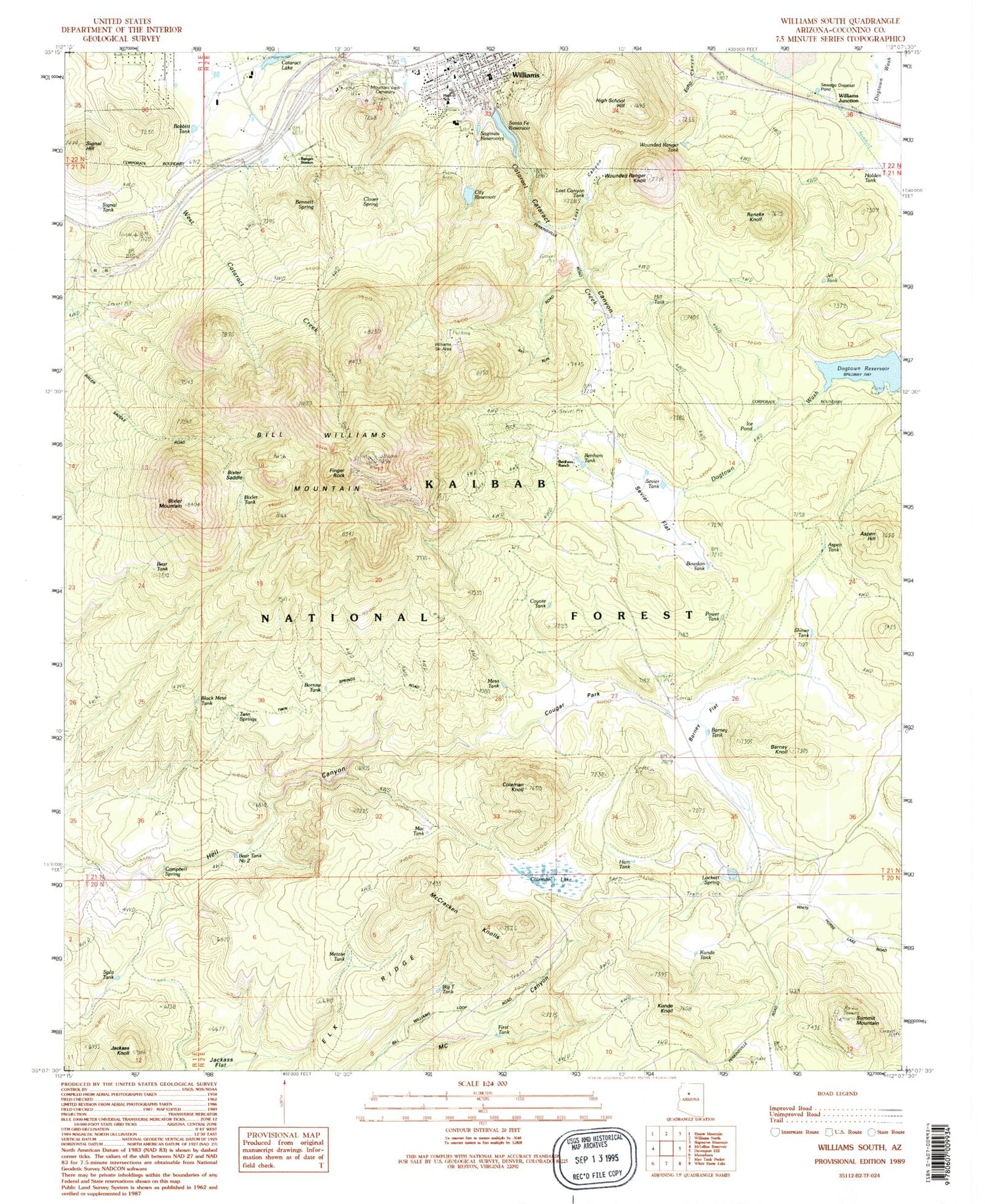 Classic USGS Williams South Arizona 7.5'x7.5' Topo Map Image