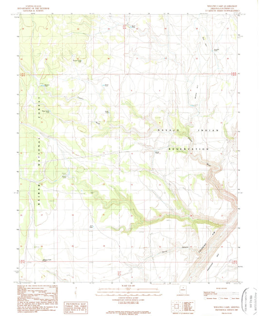 Classic USGS Willows Camp Arizona 7.5'x7.5' Topo Map Image