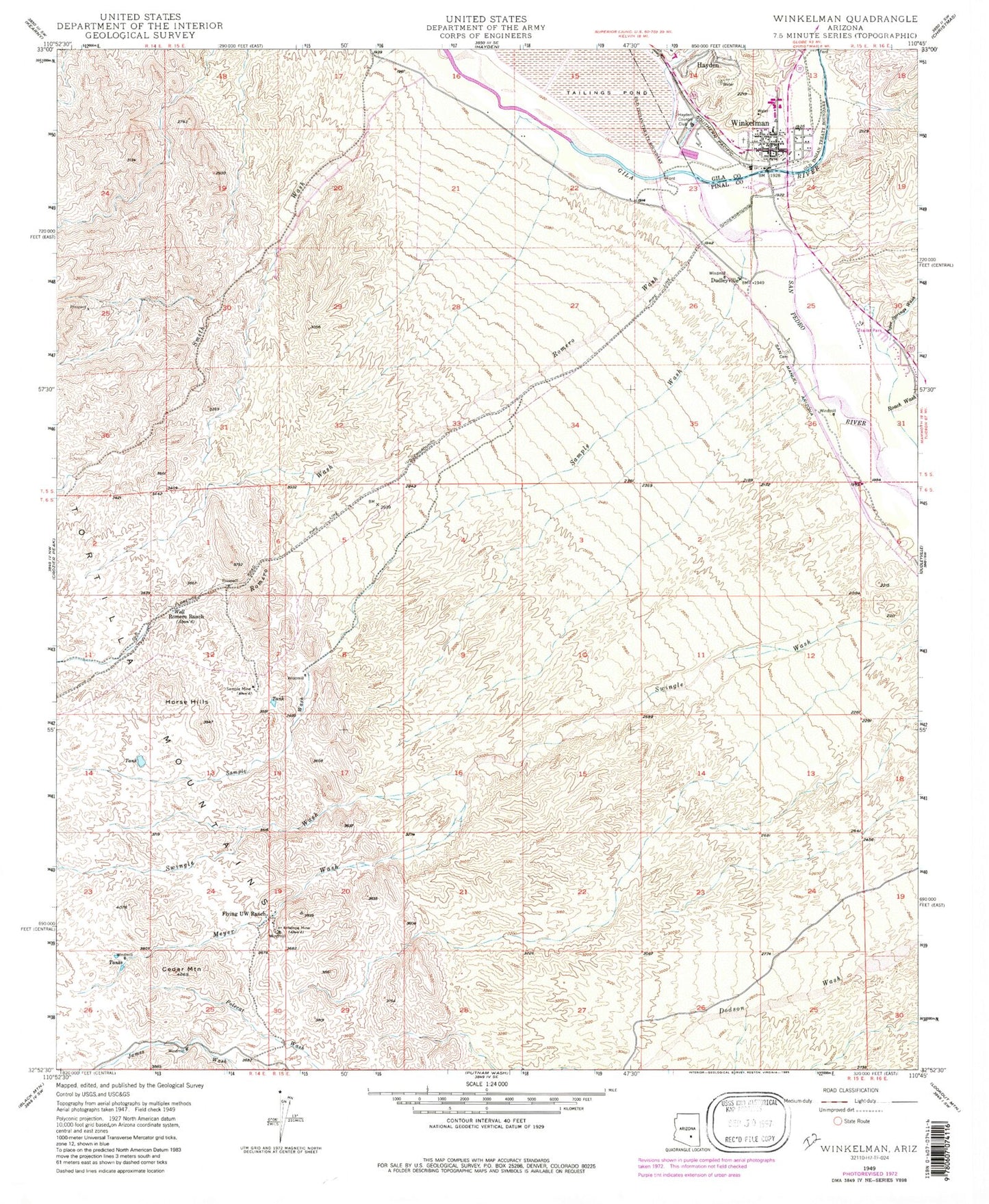 Classic USGS Winkelman Arizona 7.5'x7.5' Topo Map Image
