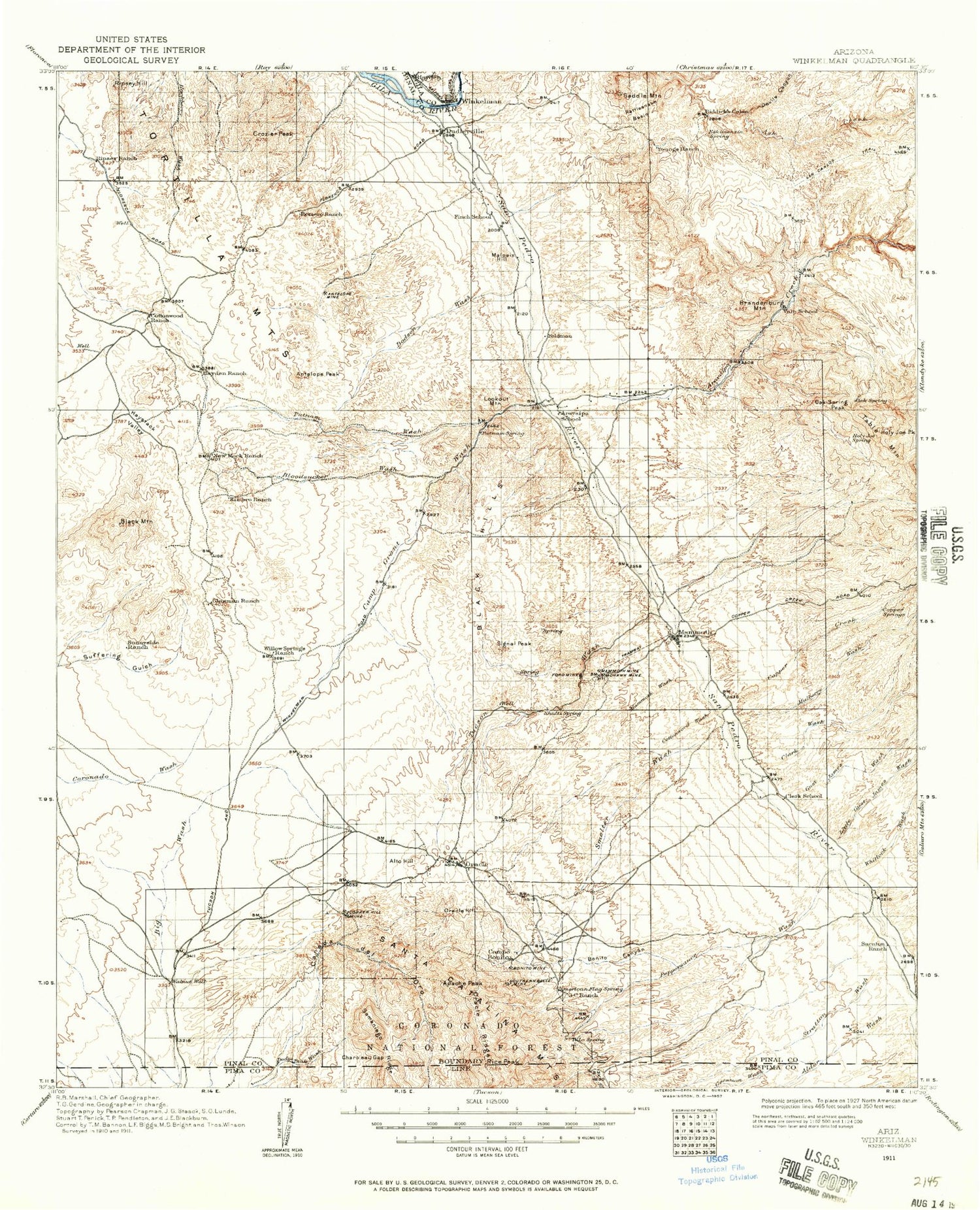 Historic 1911 Winkelman Arizona 30'x30' Topo Map Image
