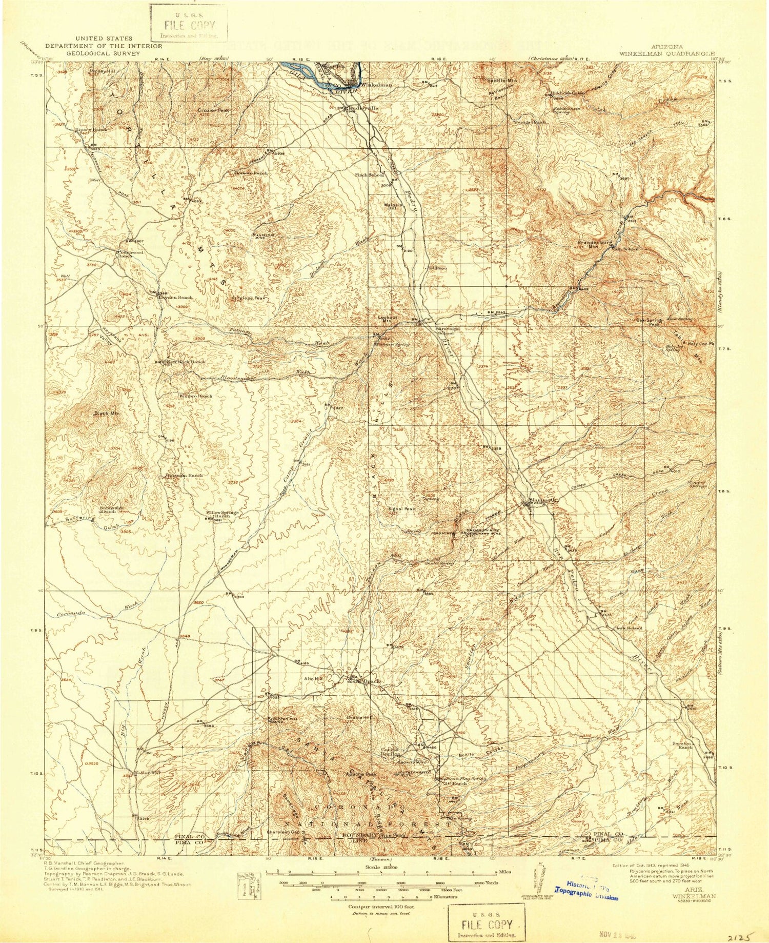 Historic 1913 Winkelman Arizona 30'x30' Topo Map Image